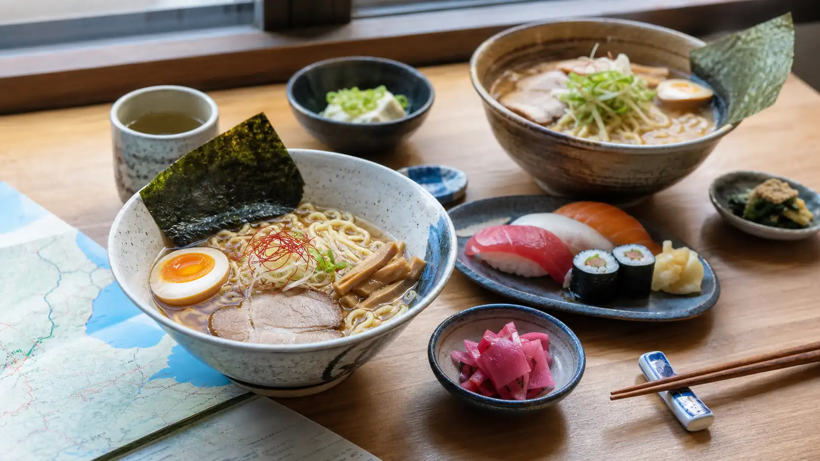 Regional Japan food planning table with ramen and sushi Regional Japan food table with ramen sushi pickles tea and travel map