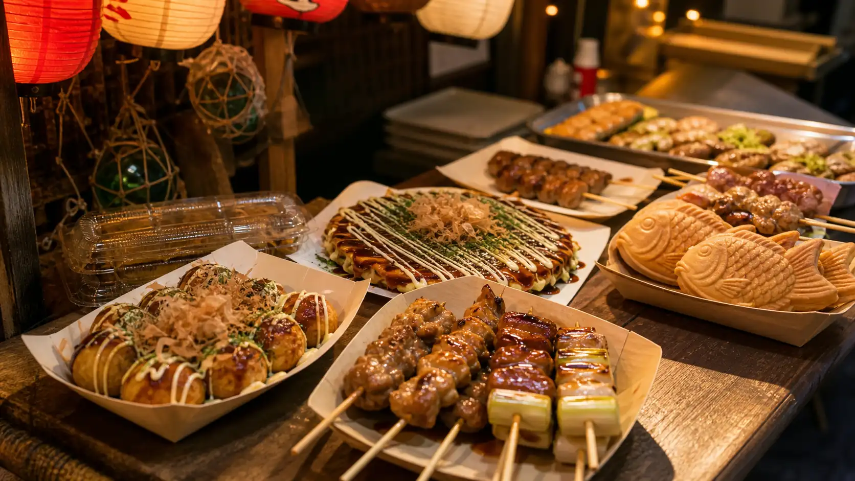 Japanese street food for casual travel meals Japanese street food counter with takoyaki okonomiyaki yakitori and taiyaki