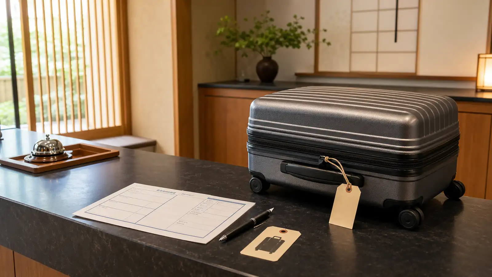 Hotel-to-hotel luggage forwarding in Japan Suitcase and waybill at a Japanese hotel reception counter