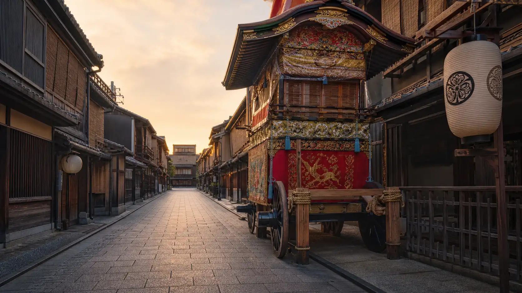 A decorated Gion Matsuri float on a quiet Kyoto street A decorated Gion Matsuri float on a quiet Kyoto street