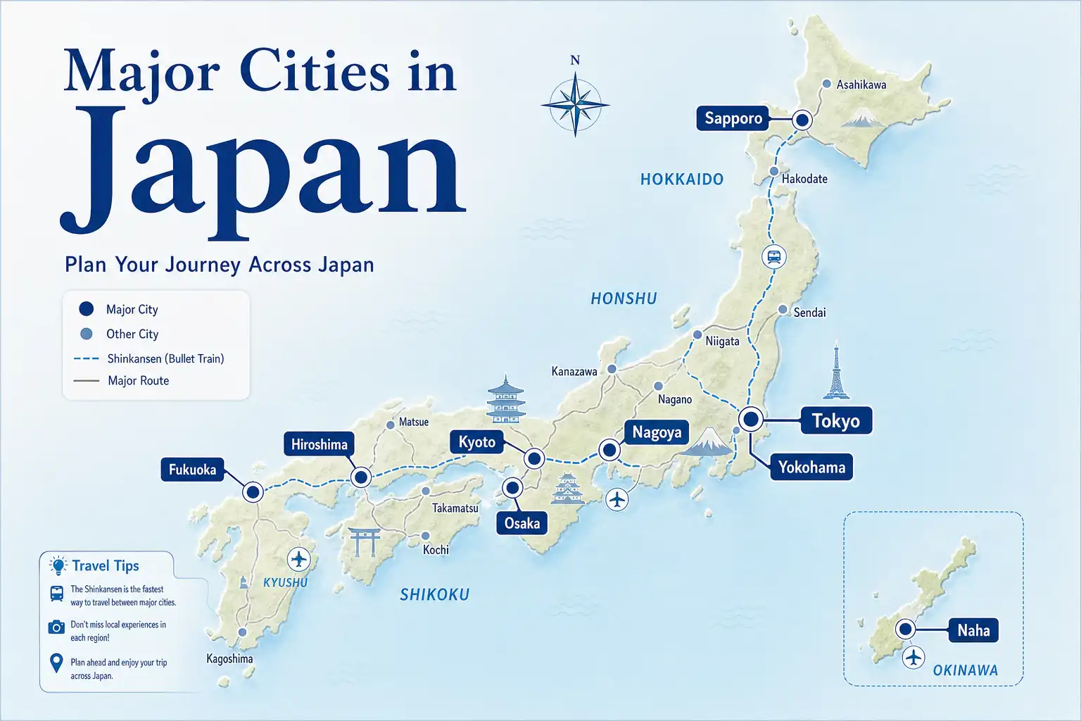 Major Japanese cities highlighted on a clean map with Tokyo Kyoto Osaka and Sapporo Major Japanese cities highlighted on a clean map with Tokyo Kyoto Osaka and Sapporo