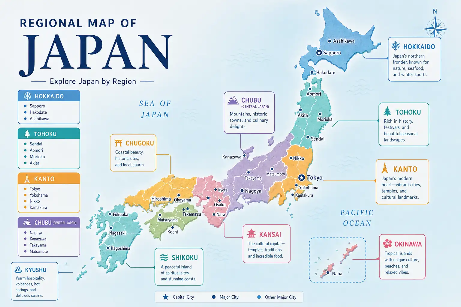 Illustrated regional map of Japan with major city labels Illustrated regional map of Japan with major city labels