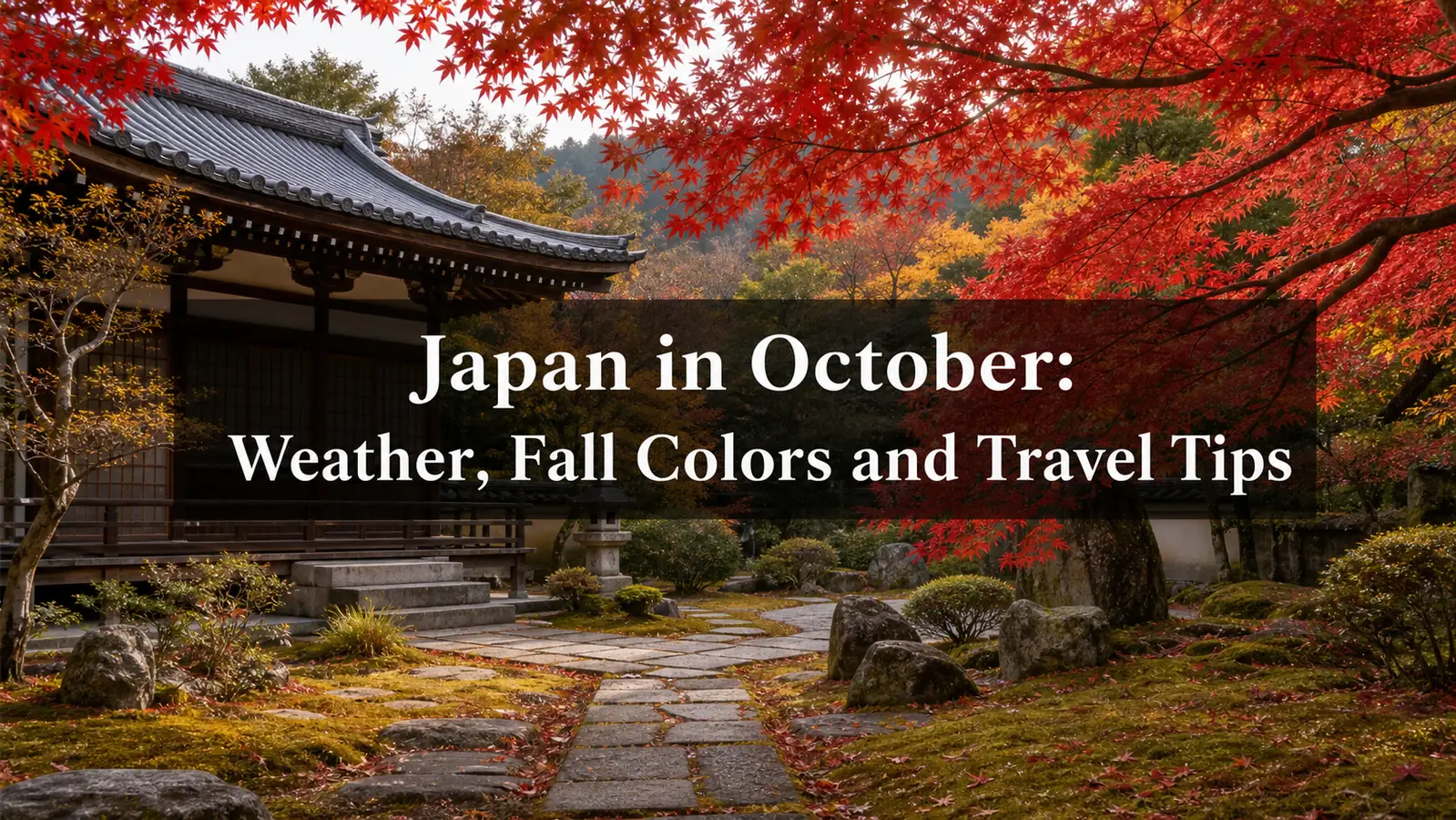 Japan in October autumn temple garden with title overlay Japan in October autumn temple garden with title overlay