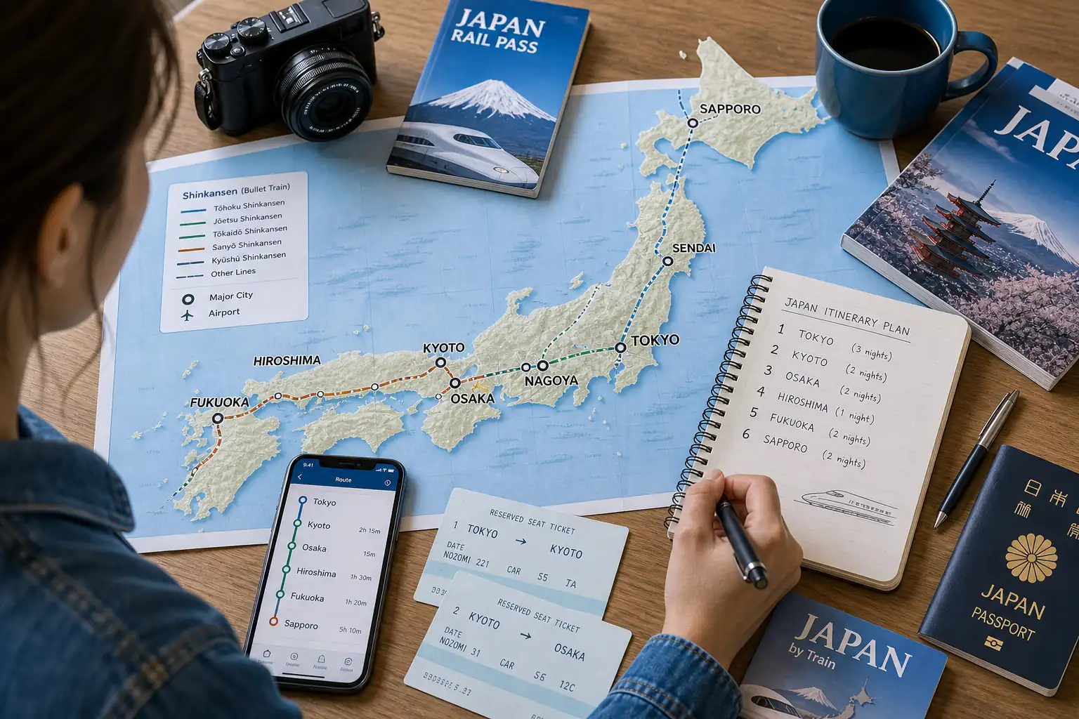 Traveler using a Japan map and rail plan to organize city order Traveler using a Japan map and rail plan to organize city order