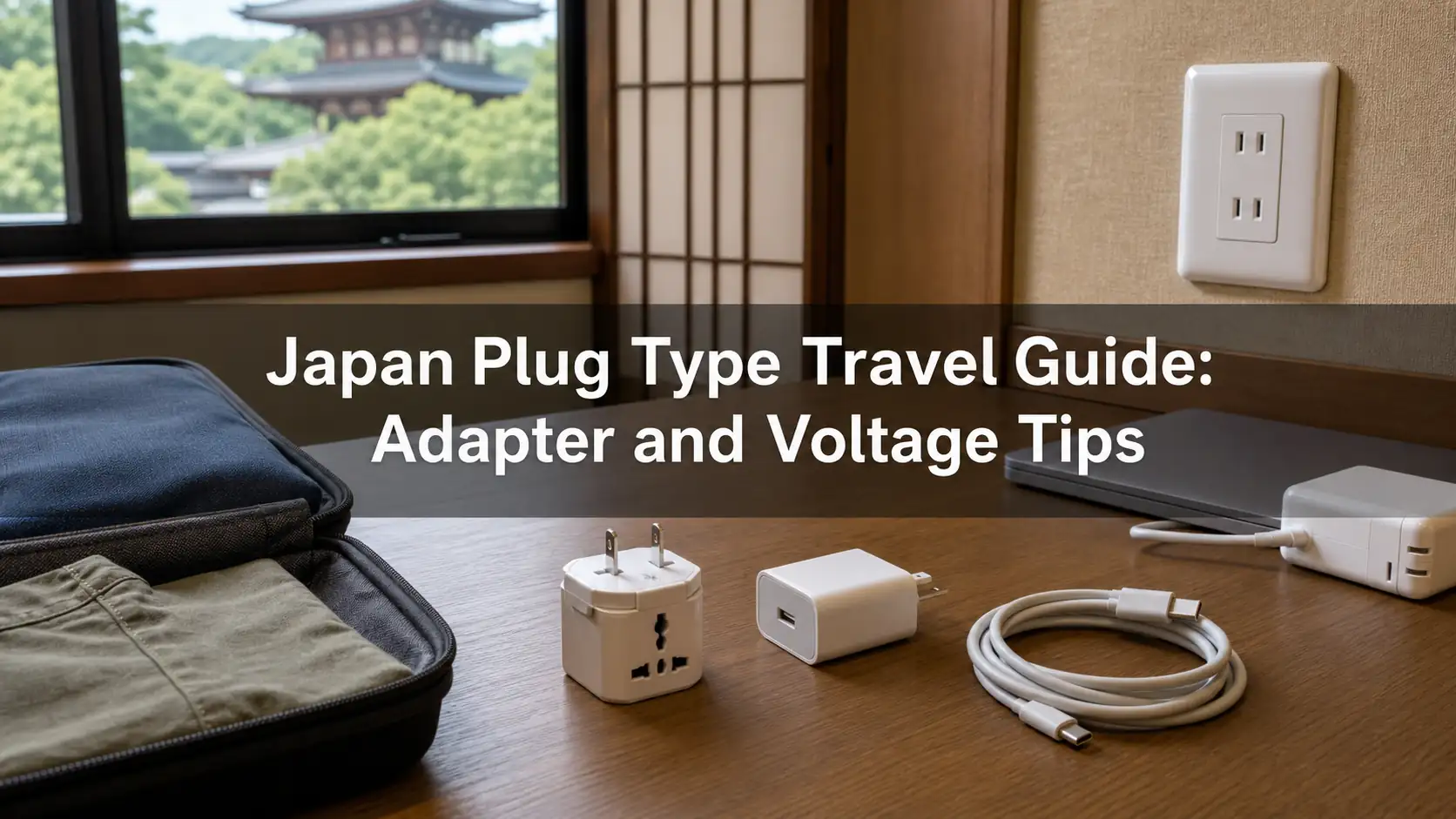 Japan plug type travel guide with adapter and charger on a hotel desk Japan plug type travel guide with adapter and charger on a hotel desk
