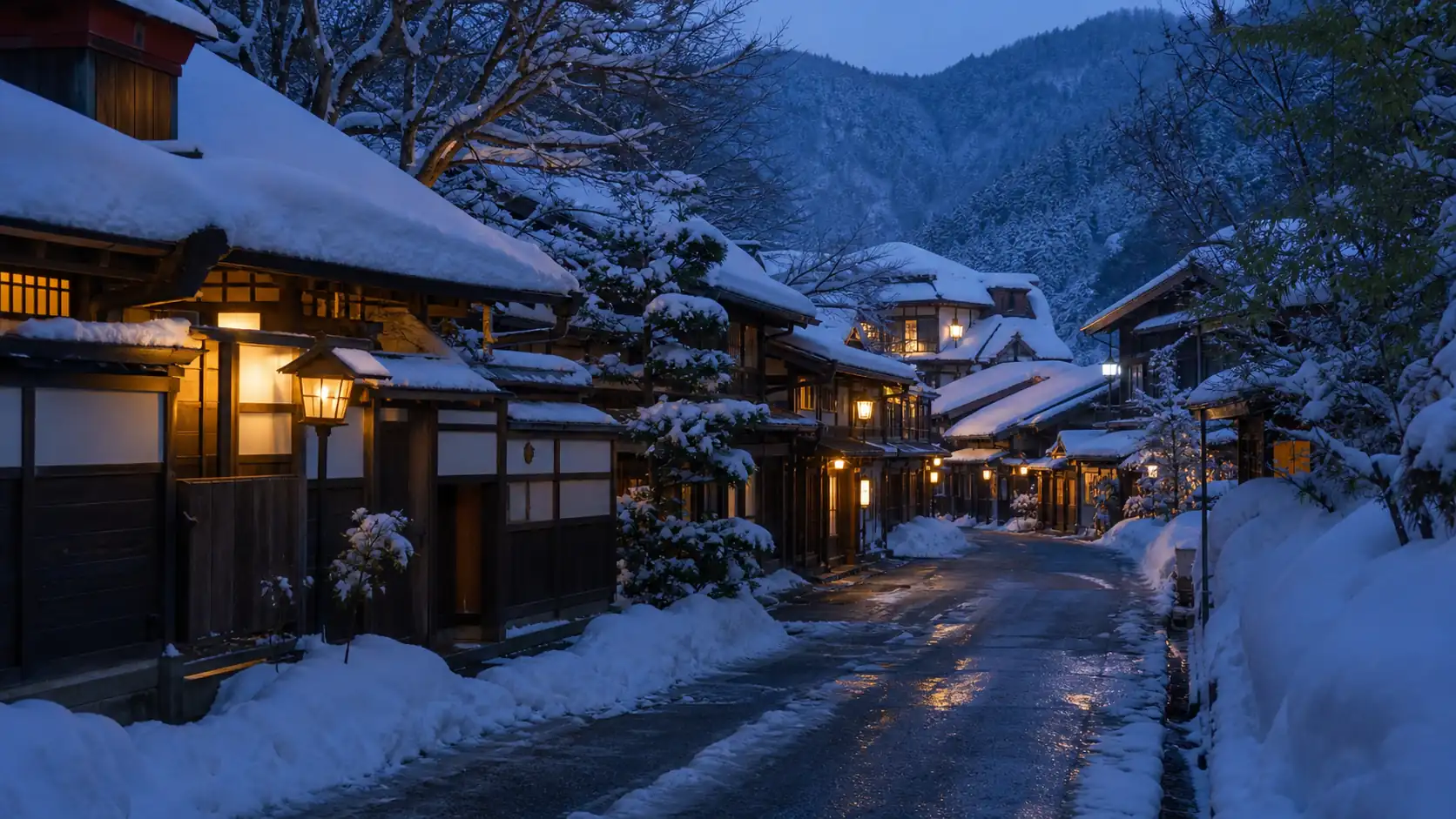 Quiet Japanese snow town at blue hour with warm lantern light Quiet Japanese snow town at blue hour with warm lantern light