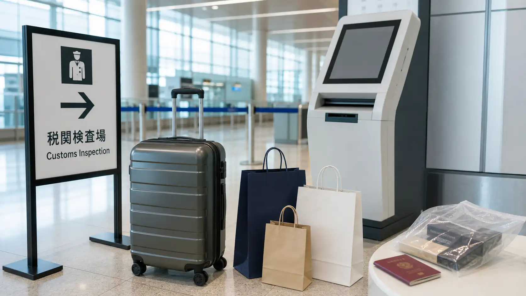 Airport customs inspection area with suitcase passport and tax free shopping bags in Japan Airport customs inspection area with suitcase passport and tax free shopping bags in Japan