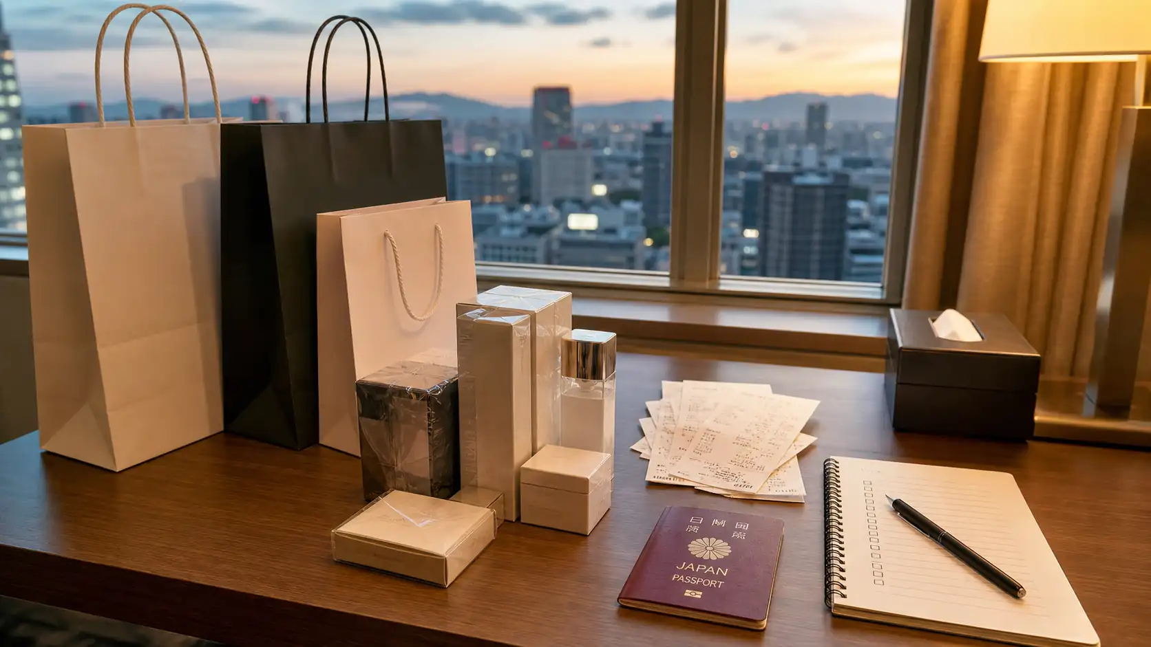 Japan tax free receipts passport and unopened shopping items on a hotel desk Japan tax free receipts passport and unopened shopping items on a hotel desk