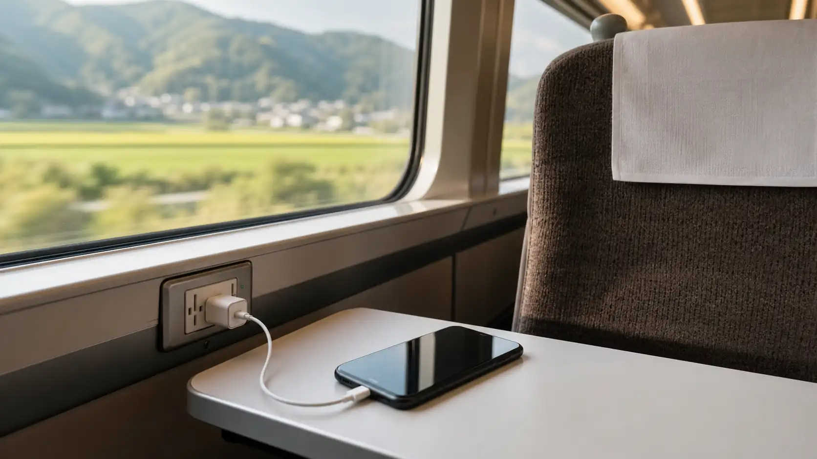 Phone charging beside a train window while traveling in Japan Phone charging beside a train window while traveling in Japan