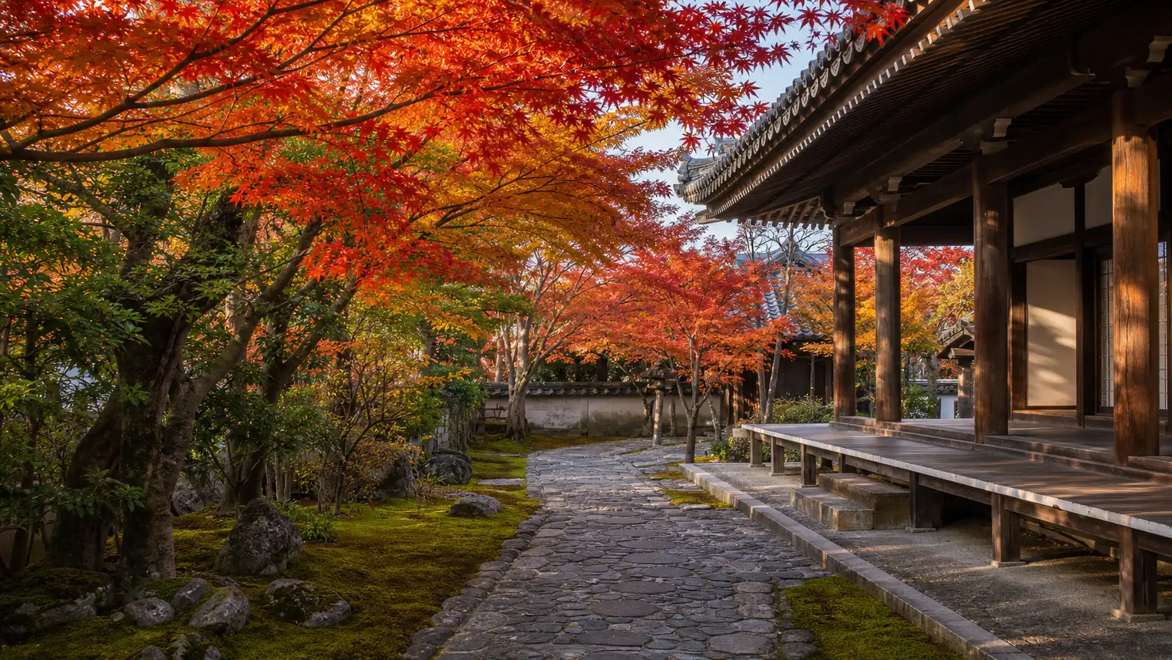 Kyoto temple garden with red autumn maple leaves and no people Kyoto temple garden with red autumn maple leaves and no people