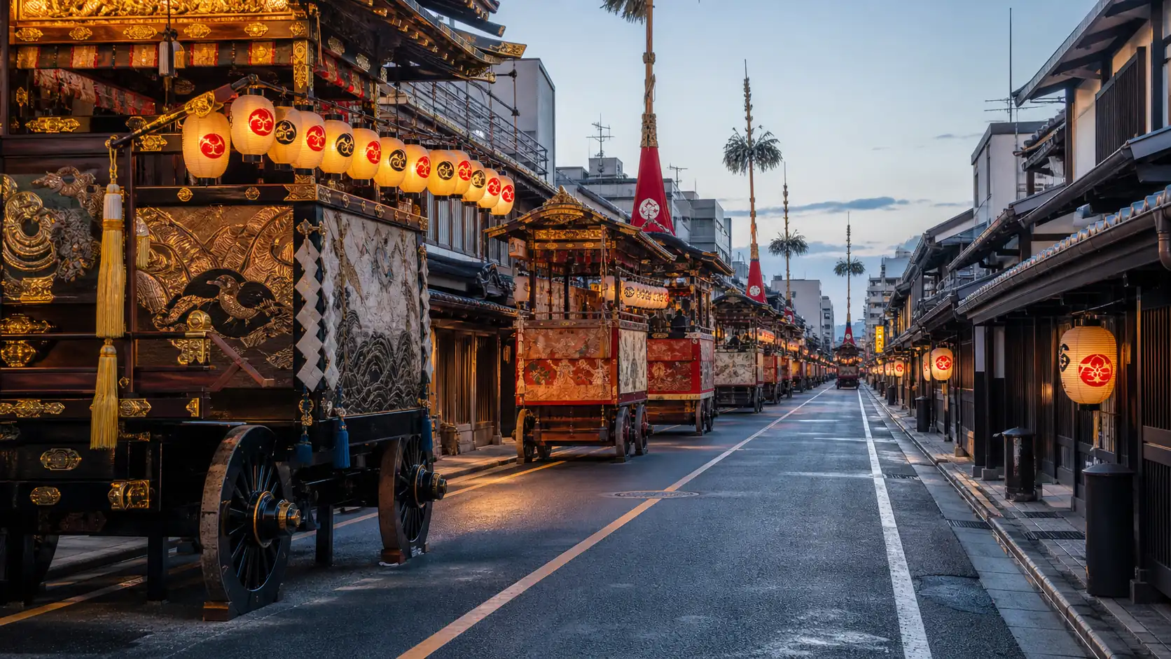 Traditional Kyoto festival floats on an empty street before a parade Traditional Kyoto festival floats on an empty street before a parade