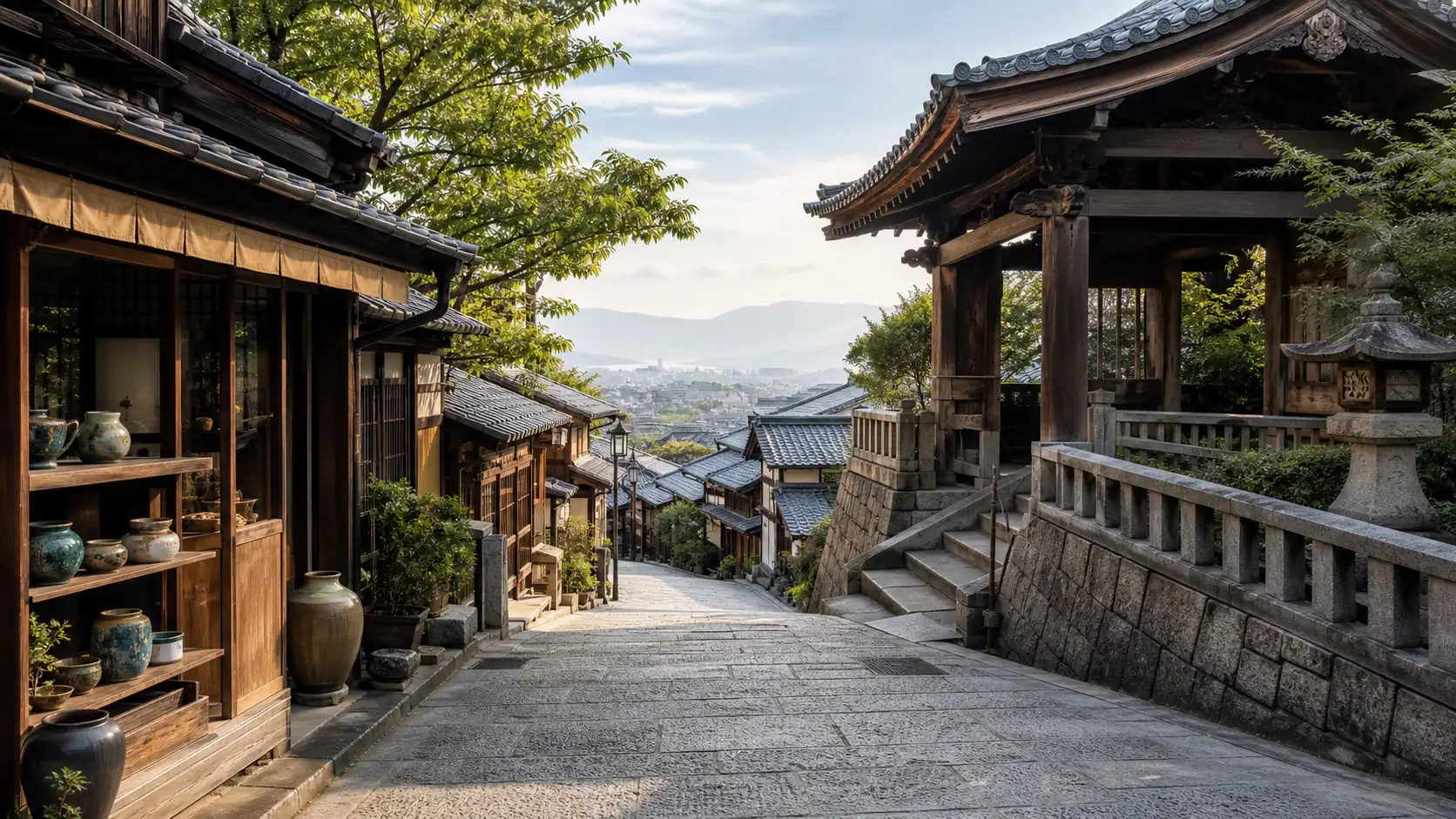 Quiet Kyoto temple approach with wooden architecture and hillside view Quiet Kyoto temple approach with wooden architecture and hillside view