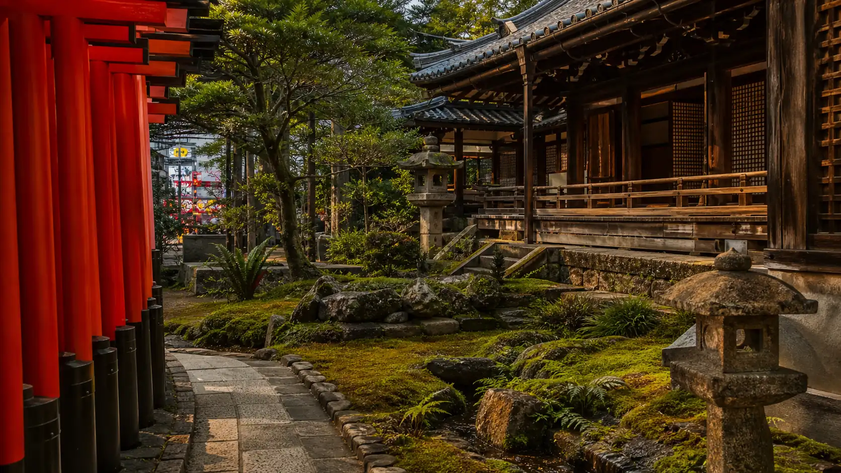 Quiet Kyoto temple garden with red gates, moss, and wooden architecture Quiet Kyoto temple garden with red gates, moss, and wooden architecture