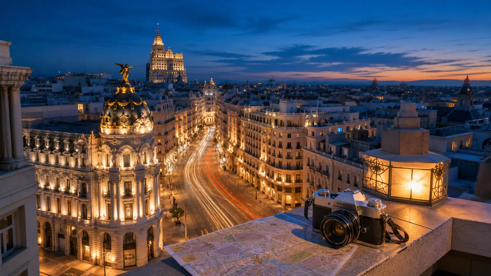 Gran Via and rooftop view in Madrid at blue hour Gran Via und Blick von einer Dachterrasse in Madrid zur blauen Stunde