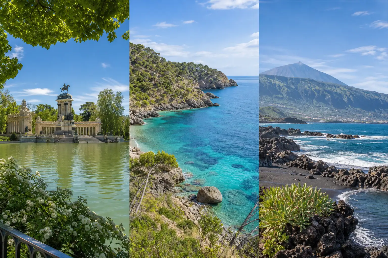 Madrid park, Mallorca cove, and Tenerife coast in May Madrid park, Mallorca cove, and Tenerife coast in May