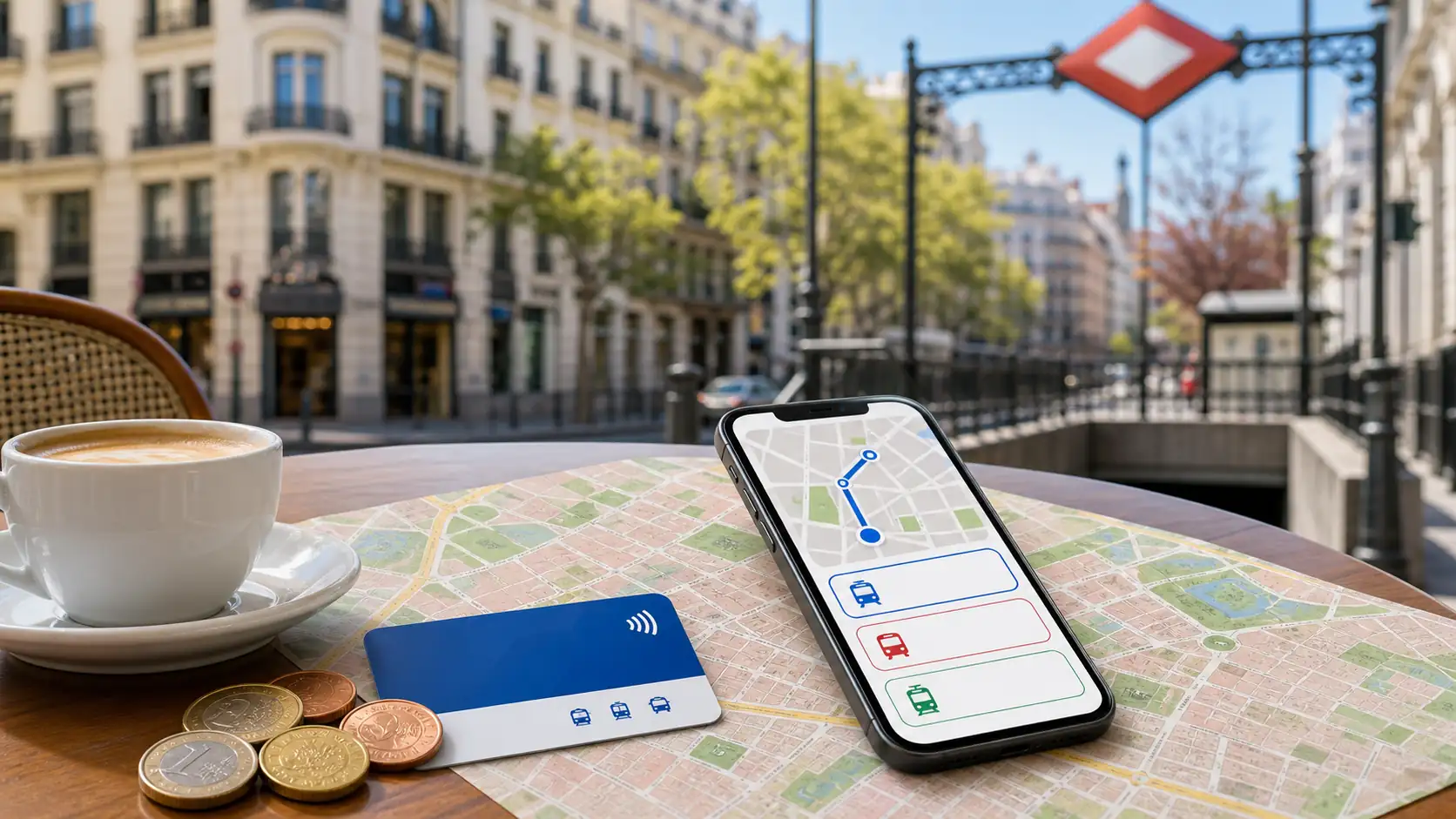 Madrid transport planning with phone map and travel card Madrid Verkehrsplanung mit Telefon-Karte und Reise-Ticket