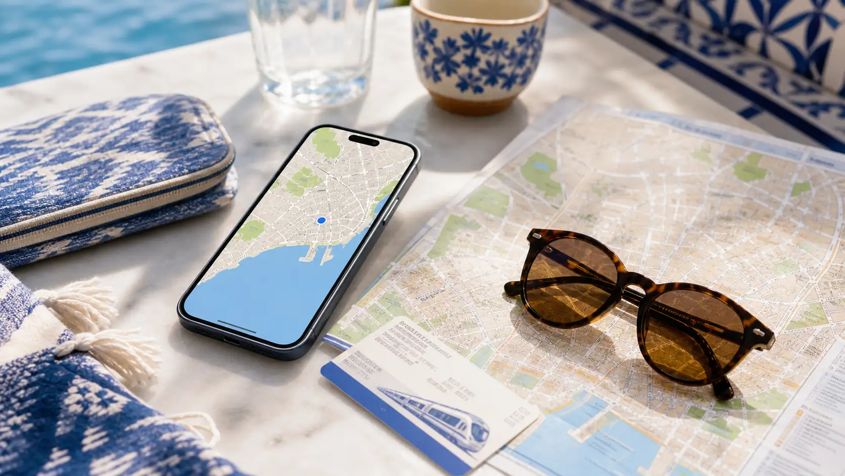 Malaga map and smartphone for travel planning and connectivity Malaga Karte und Smartphone für Reiseplanung und Konnektivität