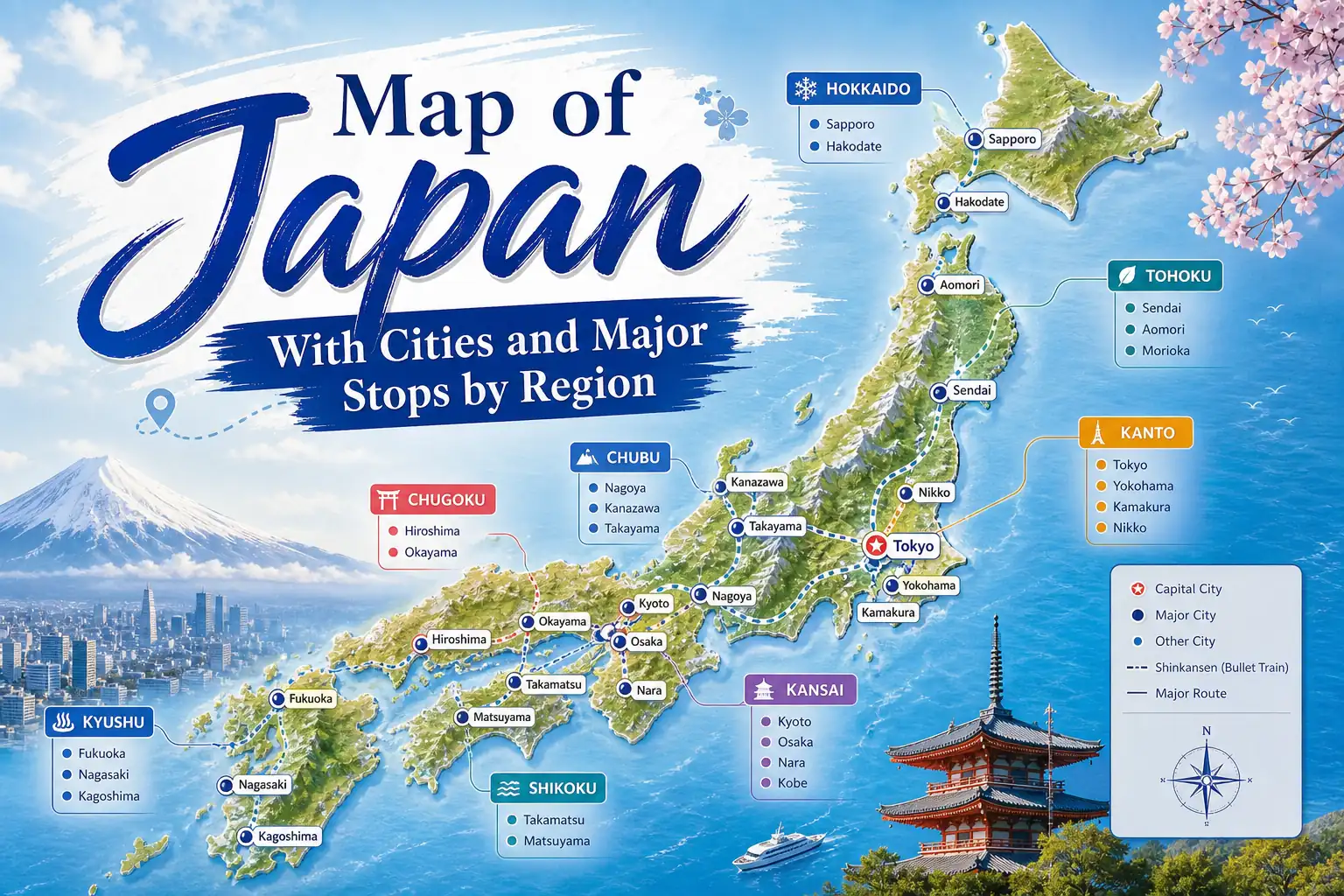 Map of Japan With Cities and Major Stops by Region cover image Map of Japan With Cities and Major Stops by Region cover image