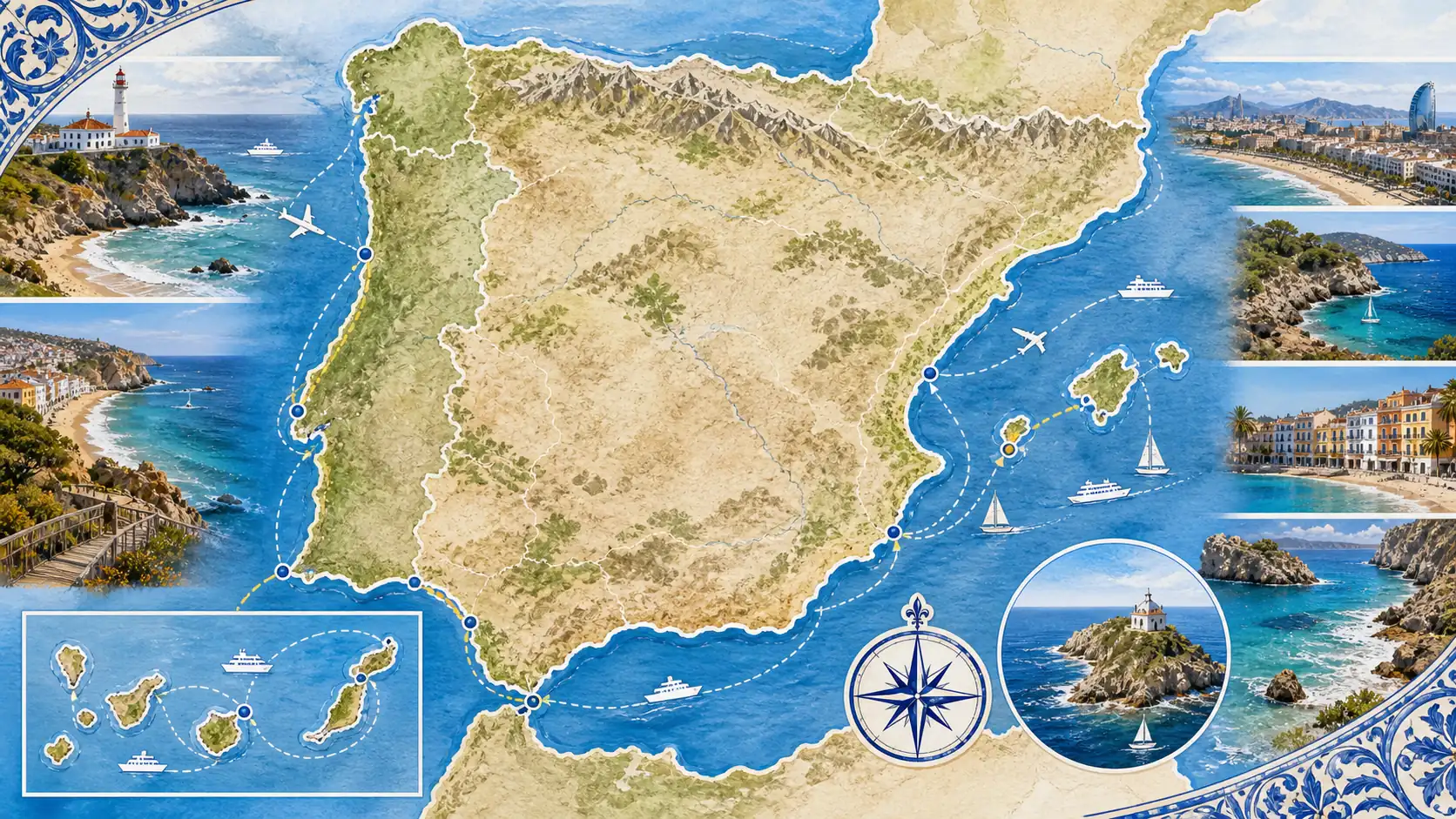 Spain and Portugal coasts and island insets for travel map planning Spain and Portugal coasts and island insets for travel map planning