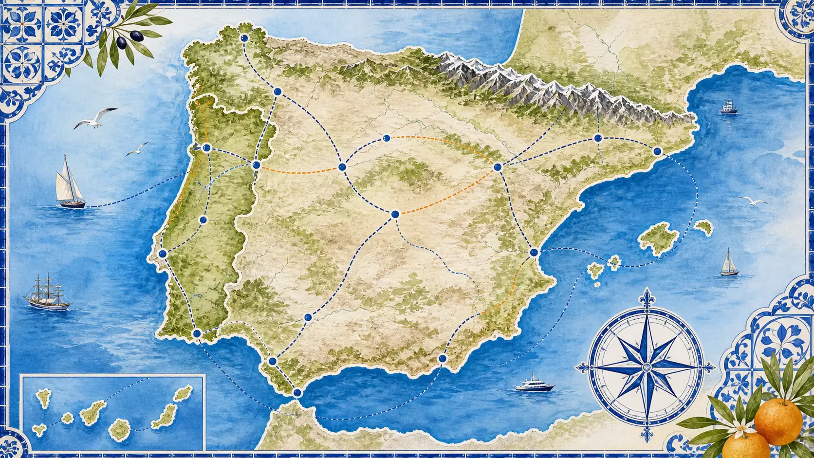 Stylized Iberian Peninsula overview for Spain and Portugal travel planning Stylized Iberian Peninsula overview for Spain and Portugal travel planning