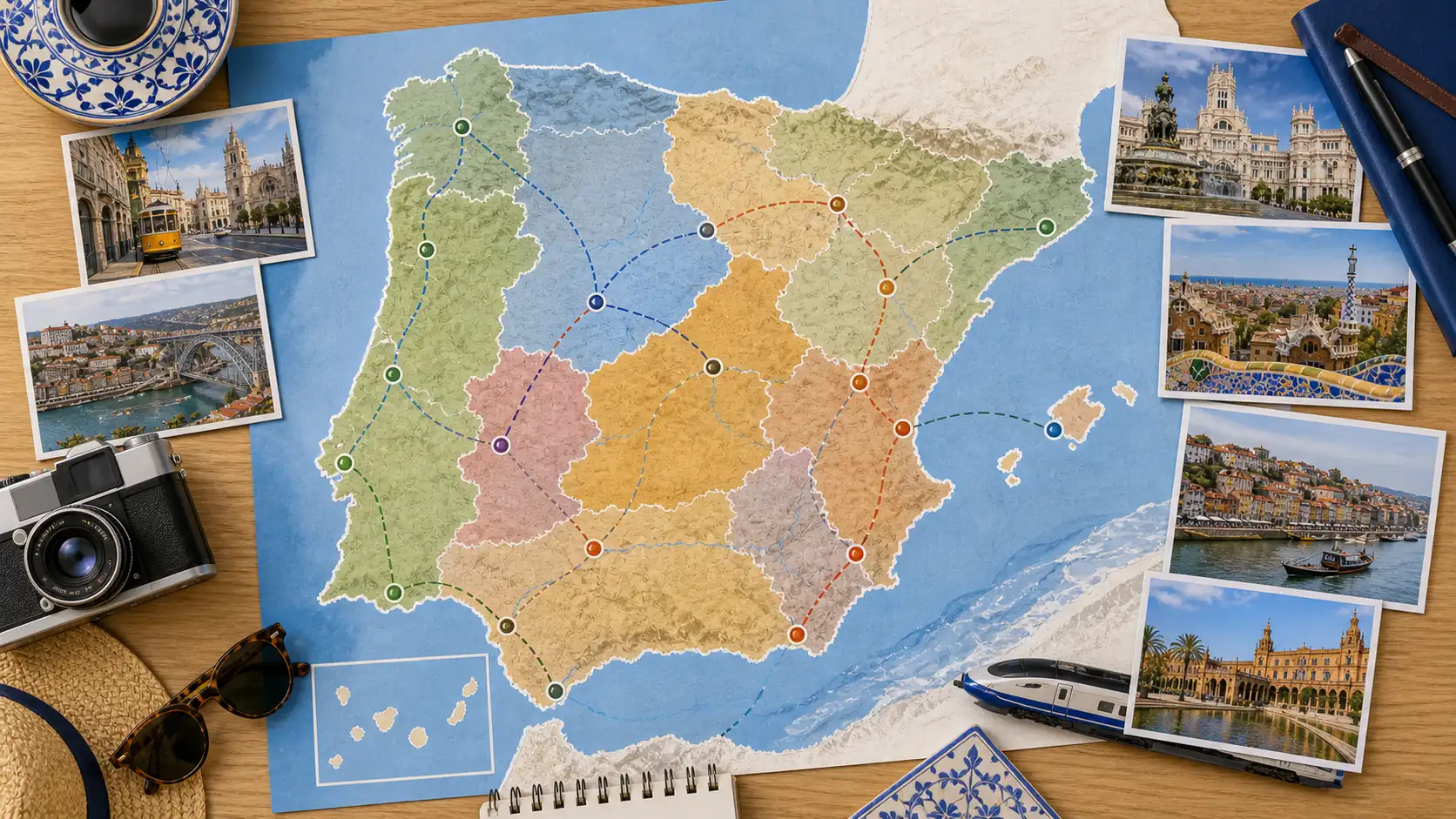 Spain and Portugal regions and city markers for travel planning Spain and Portugal regions and city markers for travel planning