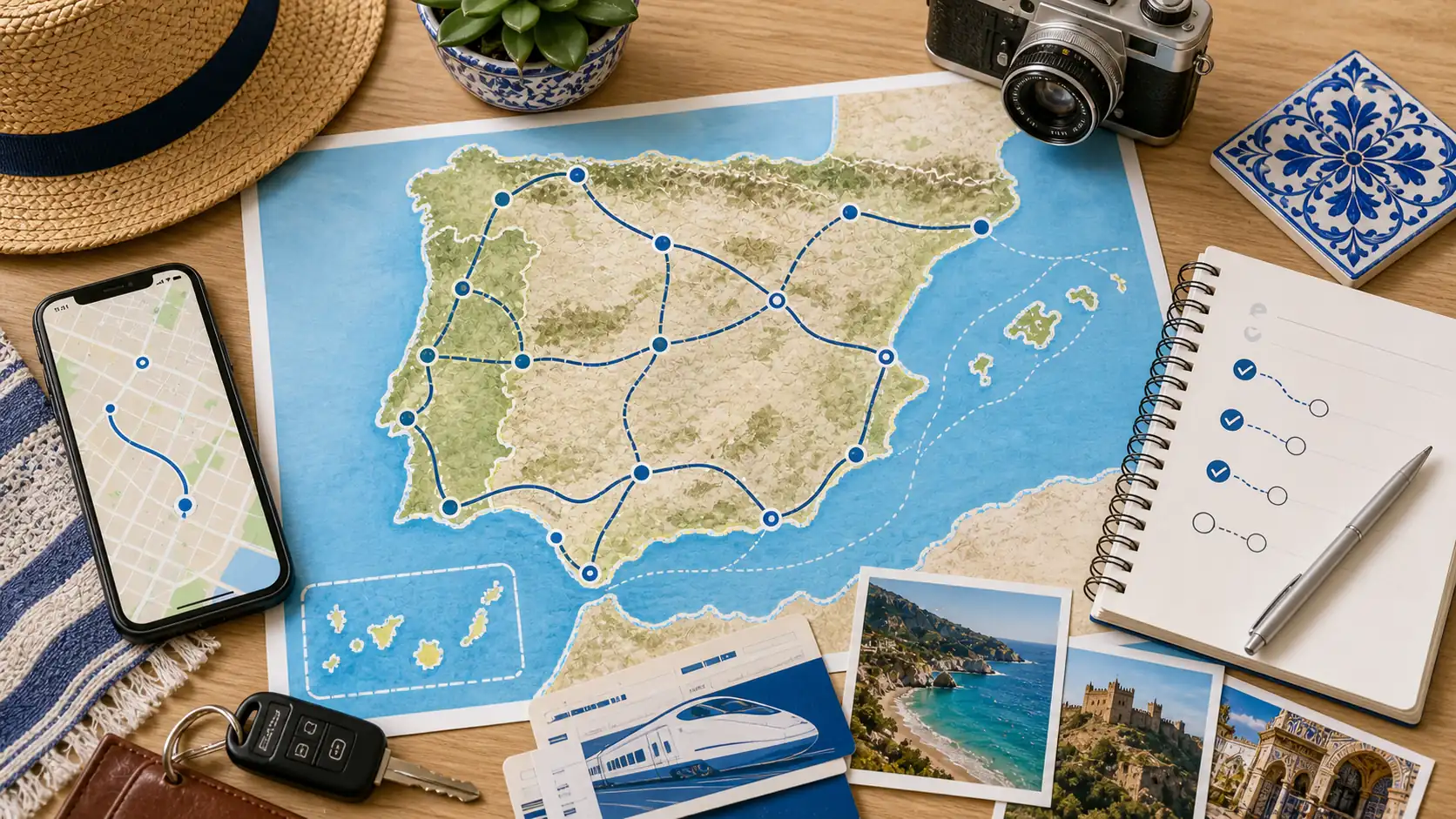 Spain and Portugal route planning desk with map and travel items Spain and Portugal route planning desk with map and travel items