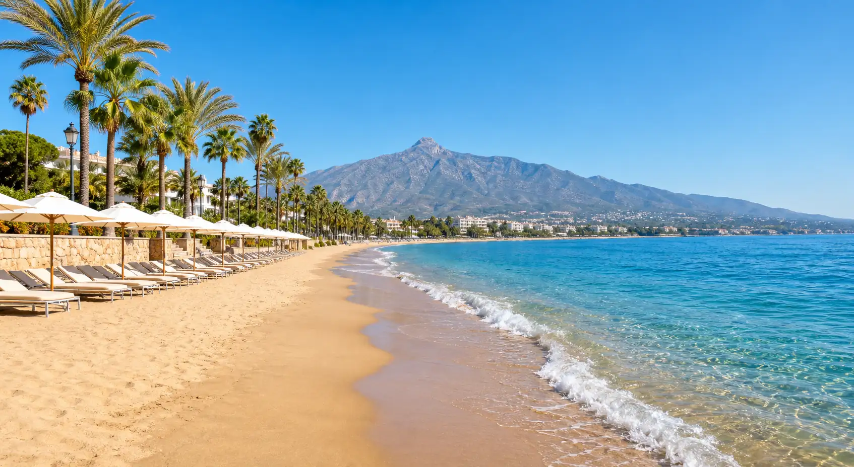 Sunny Marbella beach and palm-lined promenade with La Concha mountain in the background Sunny Marbella beach and palm-lined promenade with La Concha mountain in the background
