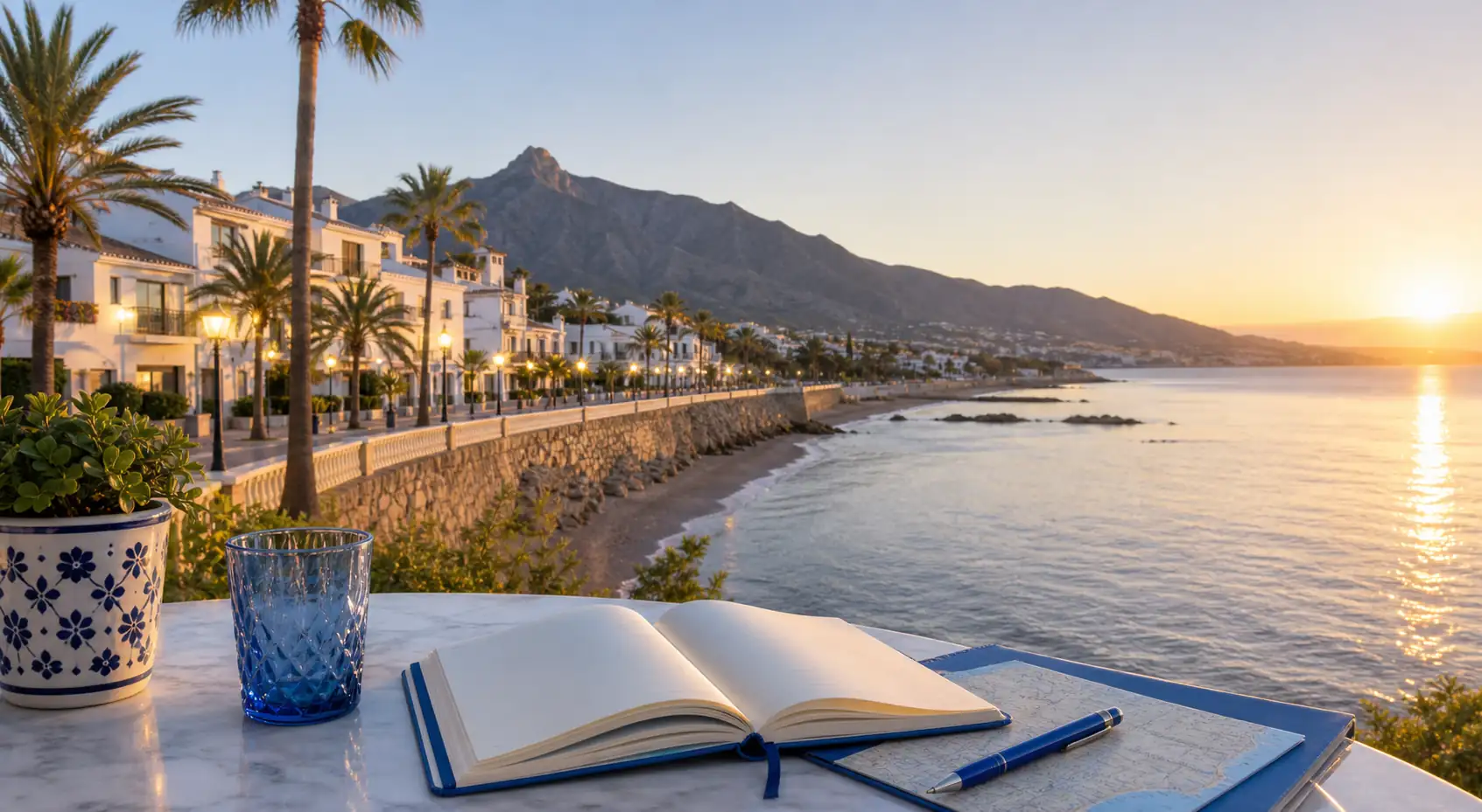 Sunset over Marbella coastline with palm promenade and travel notebook Sunset over Marbella coastline with palm promenade and travel notebook