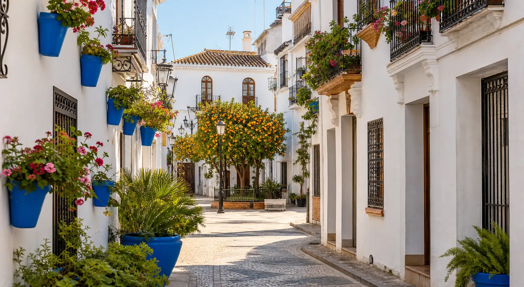 Whitewashed Marbella Old Town lane with blue flower pots and orange trees Whitewashed Marbella Old Town lane with blue flower pots and orange trees