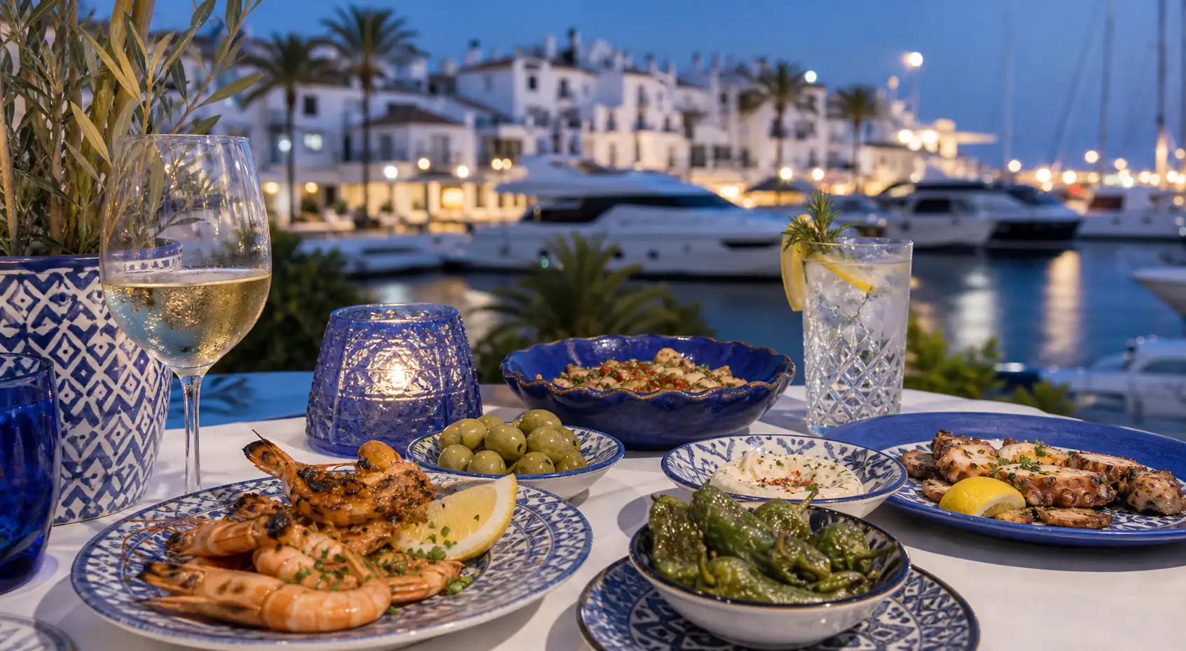 Marbella outdoor table with tapas seafood and blue ceramic plates near the marina Marbella outdoor table with tapas seafood and blue ceramic plates near the marina