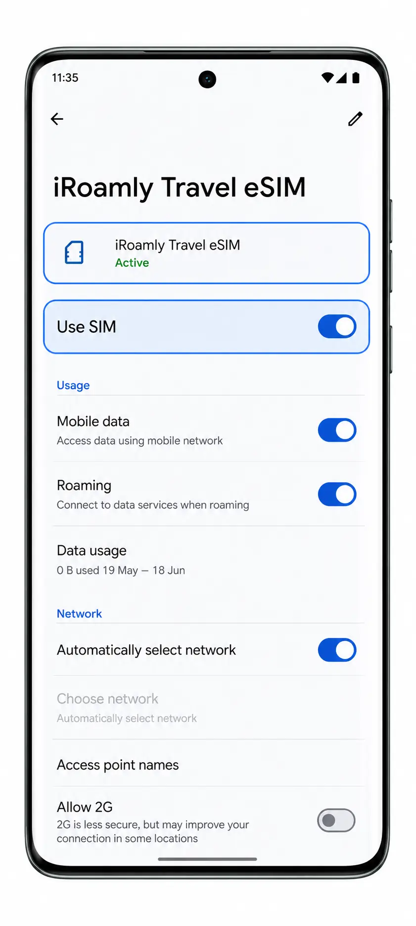 Motorola Edge 60 Step 9: iRoamly eSIM profile details