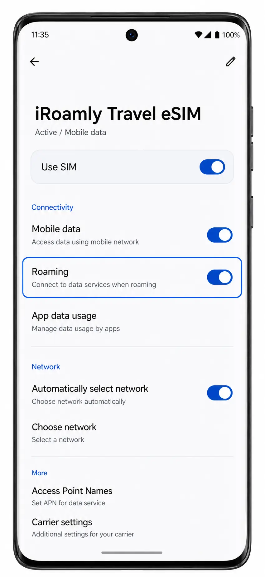 Motorola Edge 60 Step 11: Enable roaming for iRoamly travel data