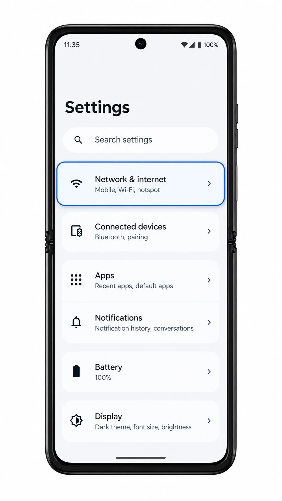 Motorola Razr 60 Settings screen with Network & internet highlighted for iRoamly eSIM setup