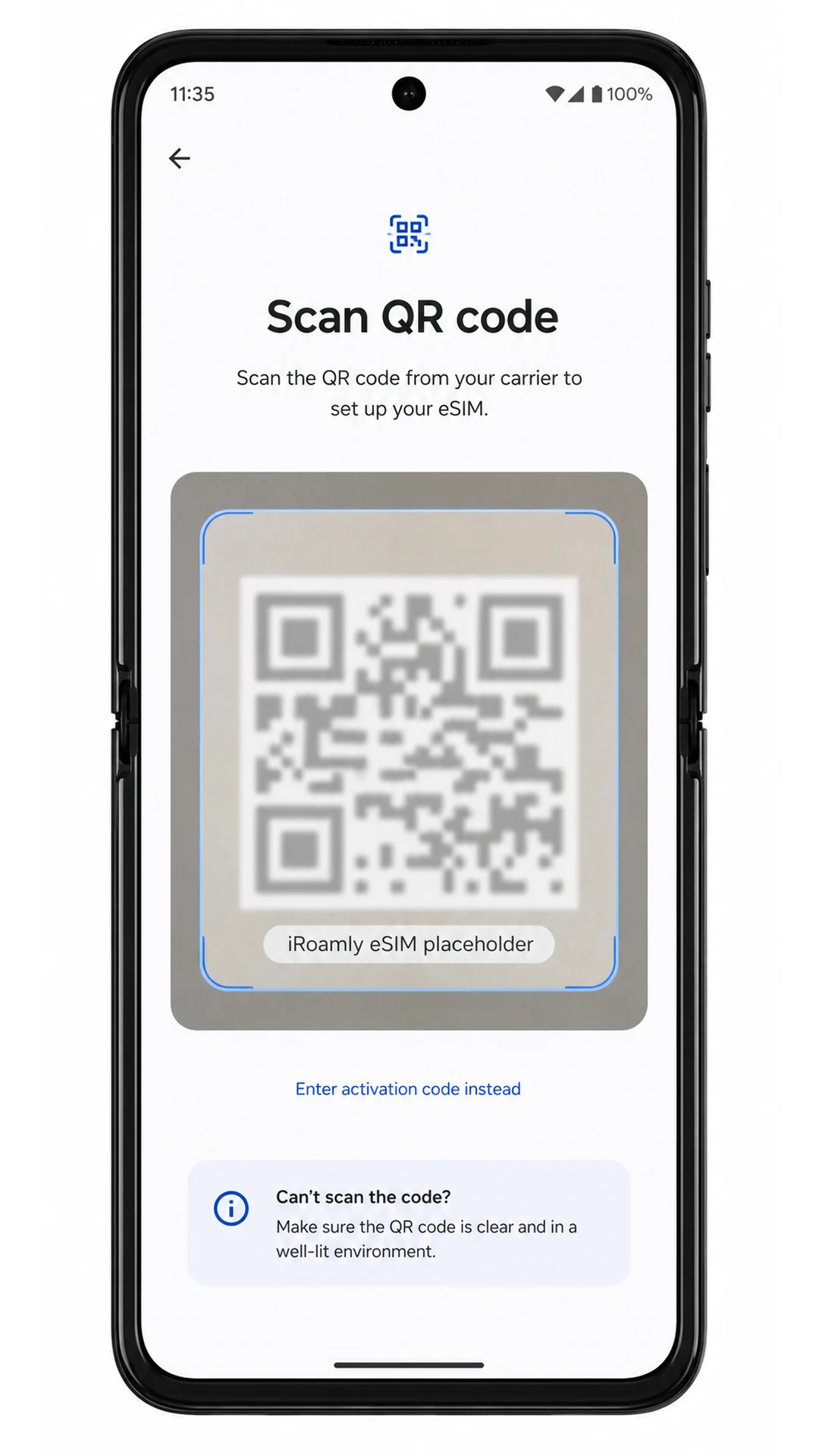 Motorola Razr 60 QR code scanner for iRoamly eSIM installation
