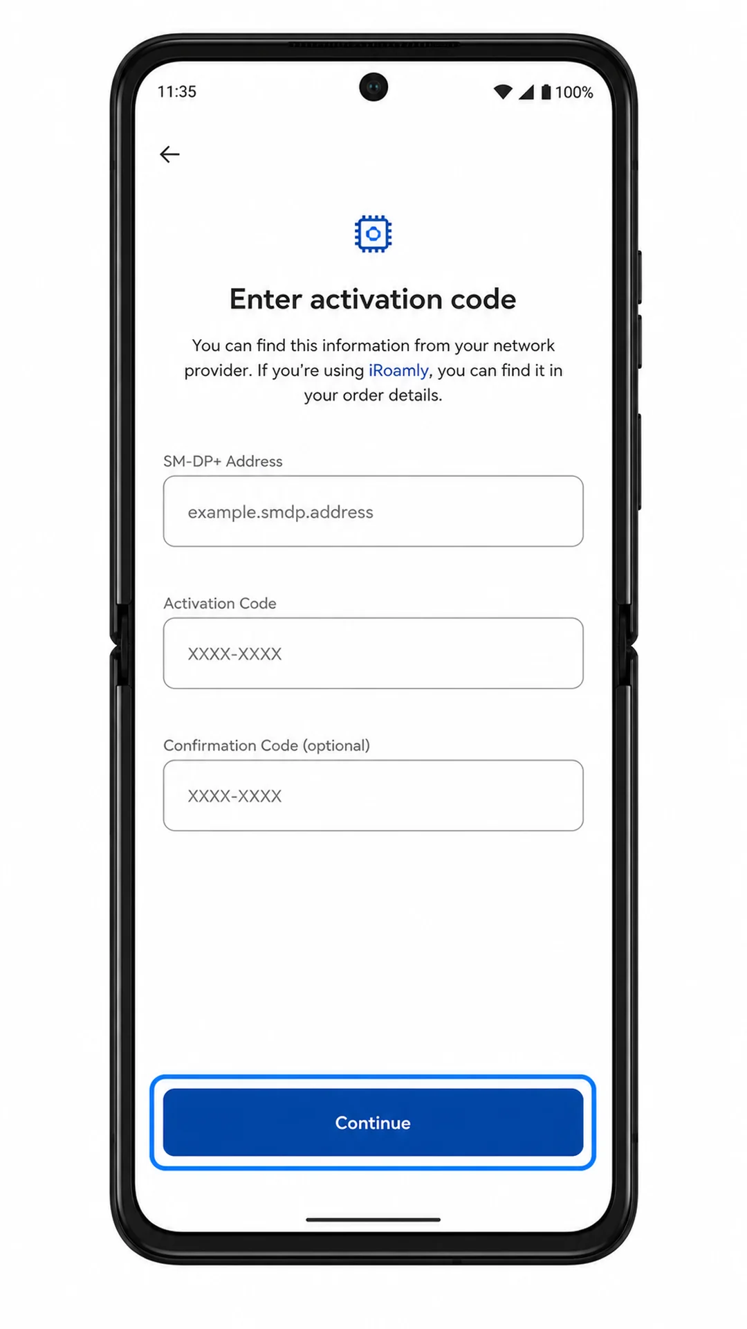 Motorola Razr 60 manual eSIM entry screen with SM-DP+ Address and Activation Code fields
