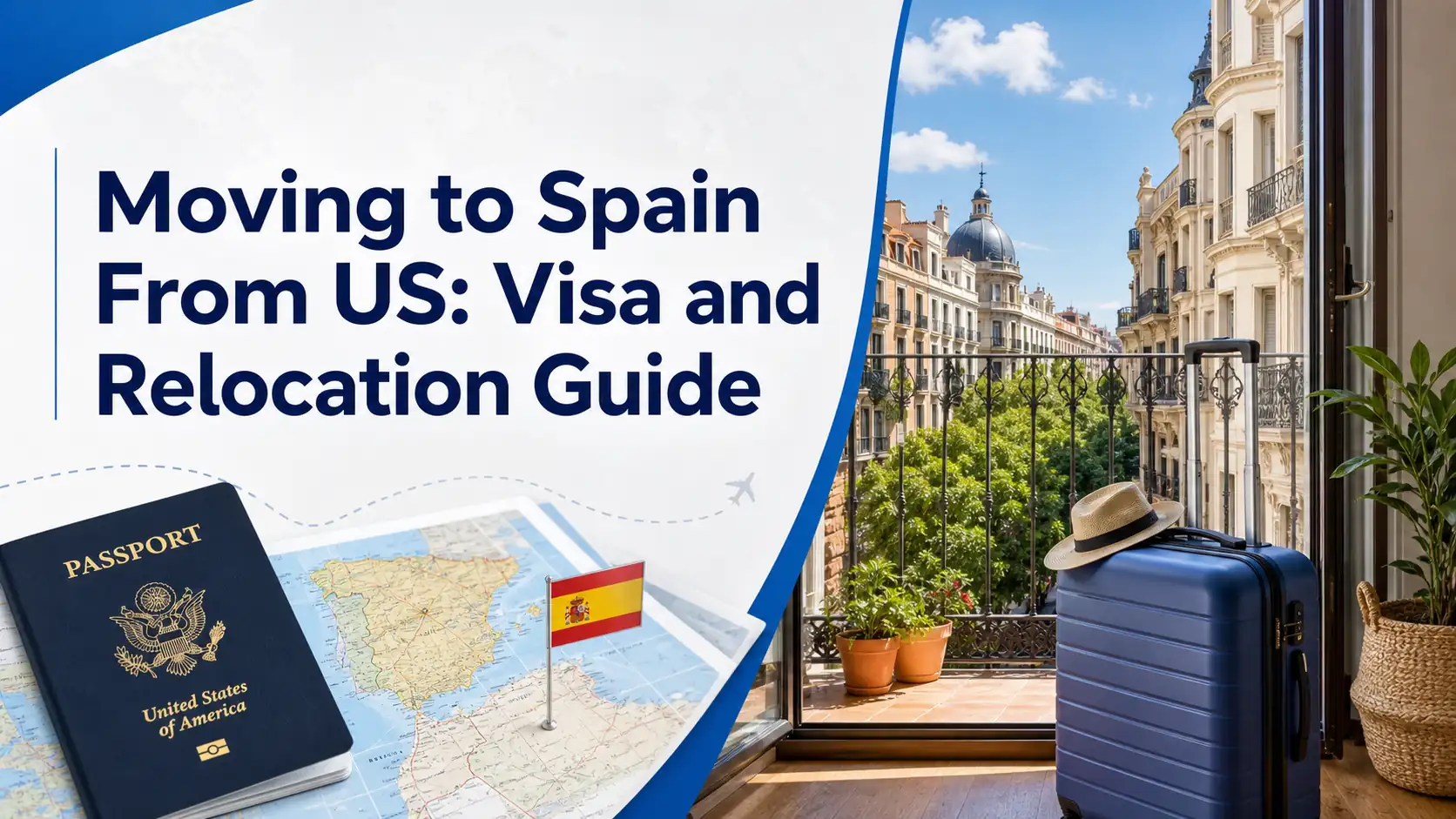 Moving to Spain from US cover with passport map and suitcase Moving to Spain from US cover with passport map and suitcase