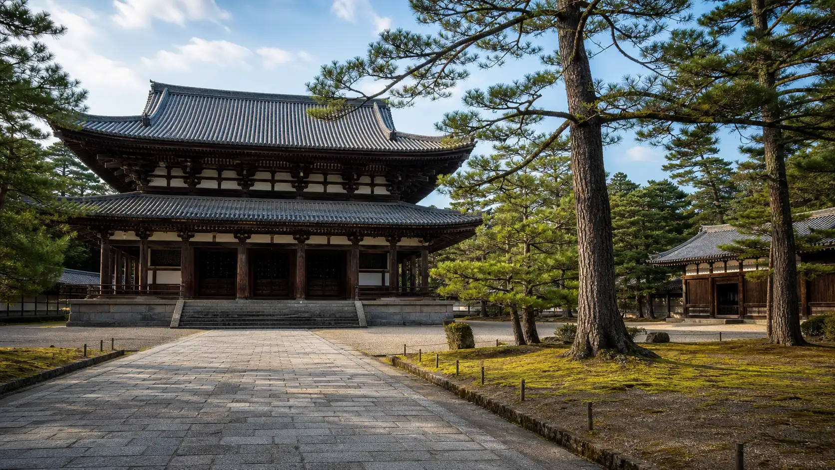 Ancient Nara style wooden temple hall with pine trees and stone path Ancient Nara style wooden temple hall with pine trees and stone path
