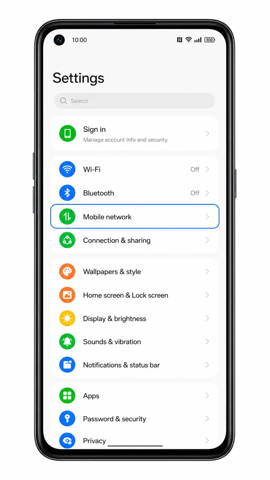 Oppo A55s 5G Step 1: Mobile network highlighted in Settings