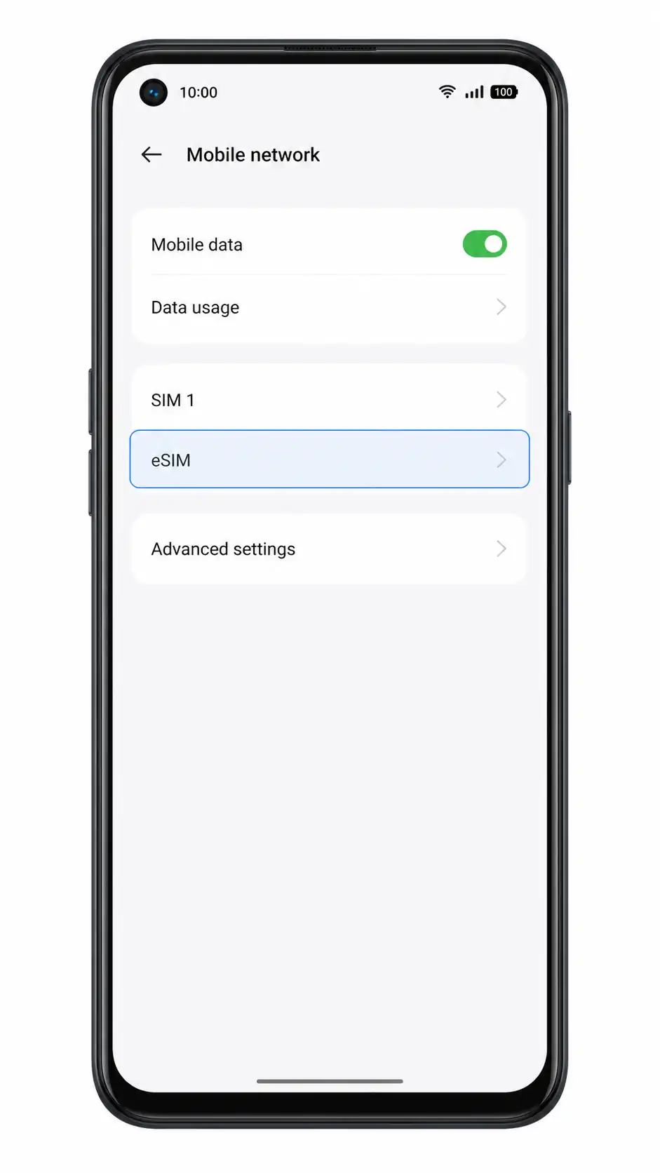 Oppo A55s 5G Step 2: eSIM highlighted in Mobile network