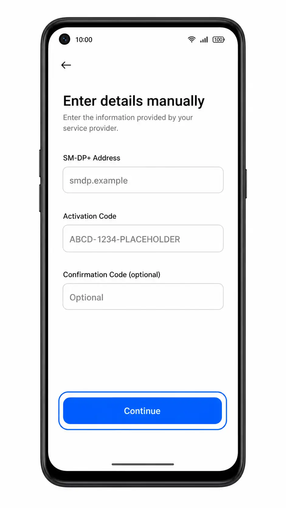 Oppo A55s 5G Step 8: Manual eSIM fields