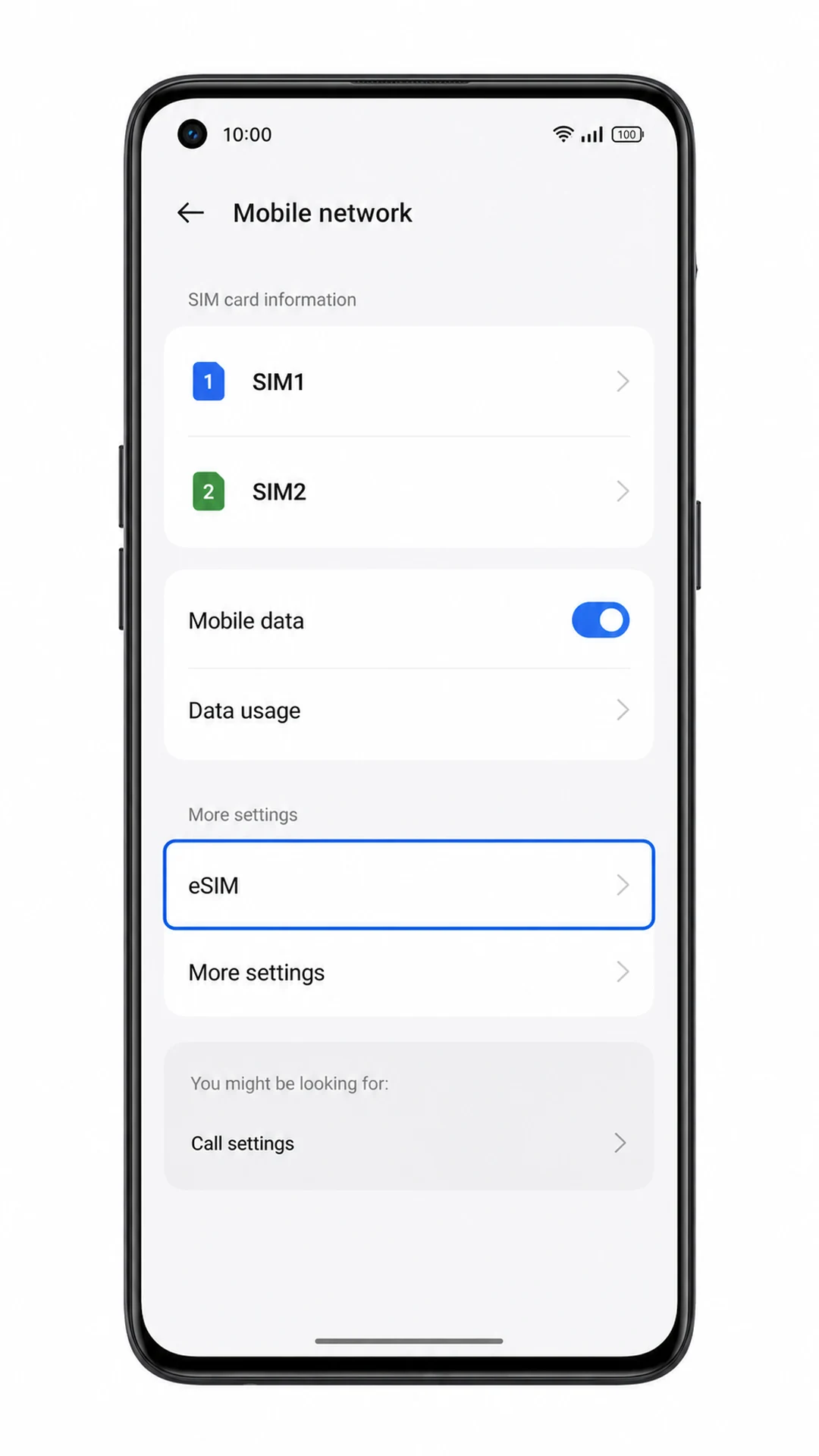 Oppo Find X5 Mobile network screen highlighting eSIM for travel eSIM installation
