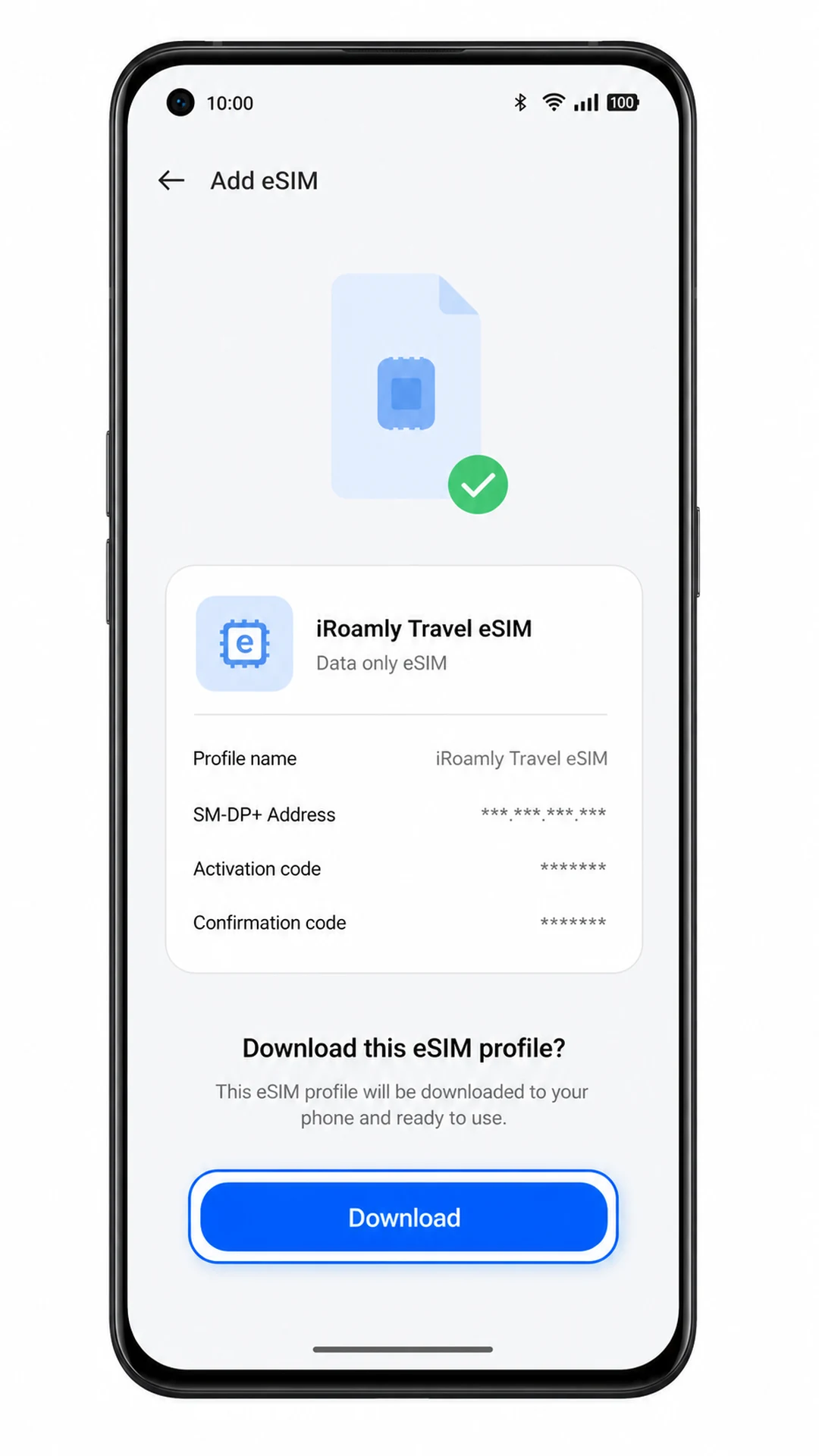 Oppo Find X5 eSIM download confirmation for iRoamly travel eSIM