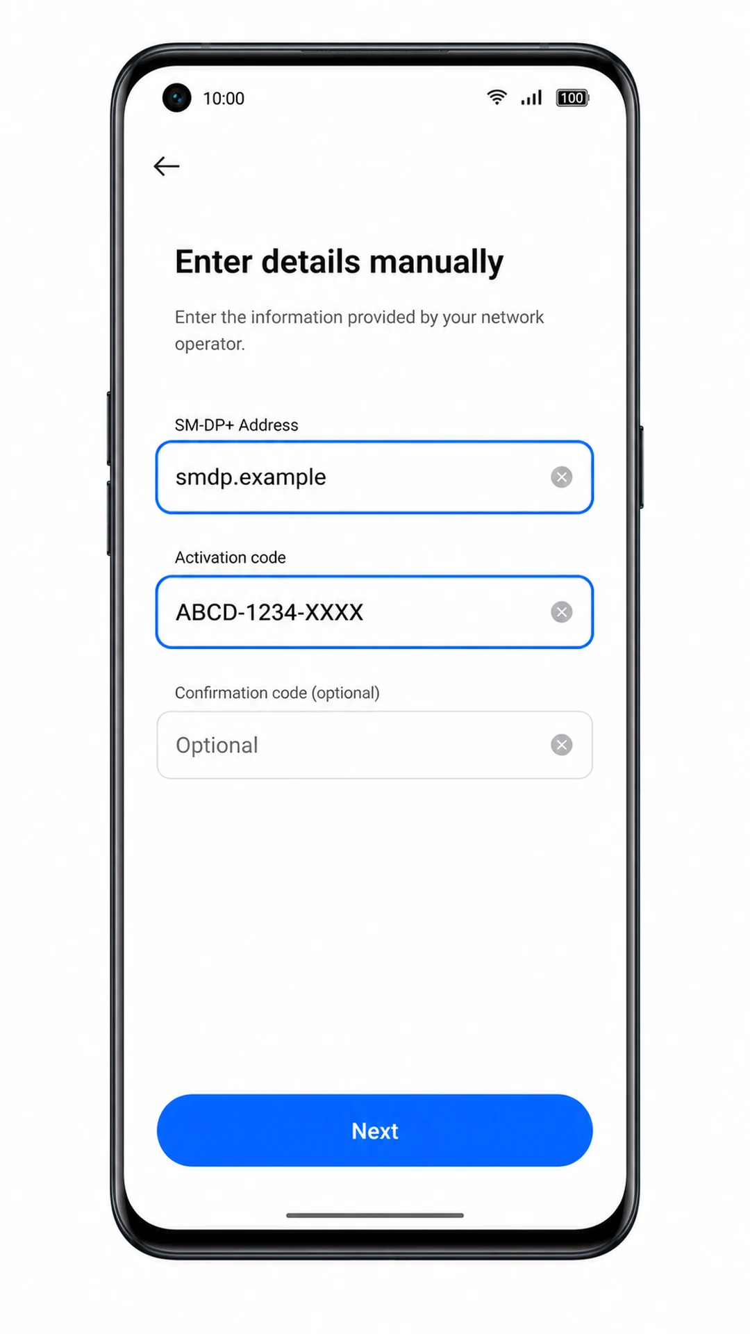 Oppo Find X5 manual eSIM entry screen with SM-DP+ Address and Activation code fields