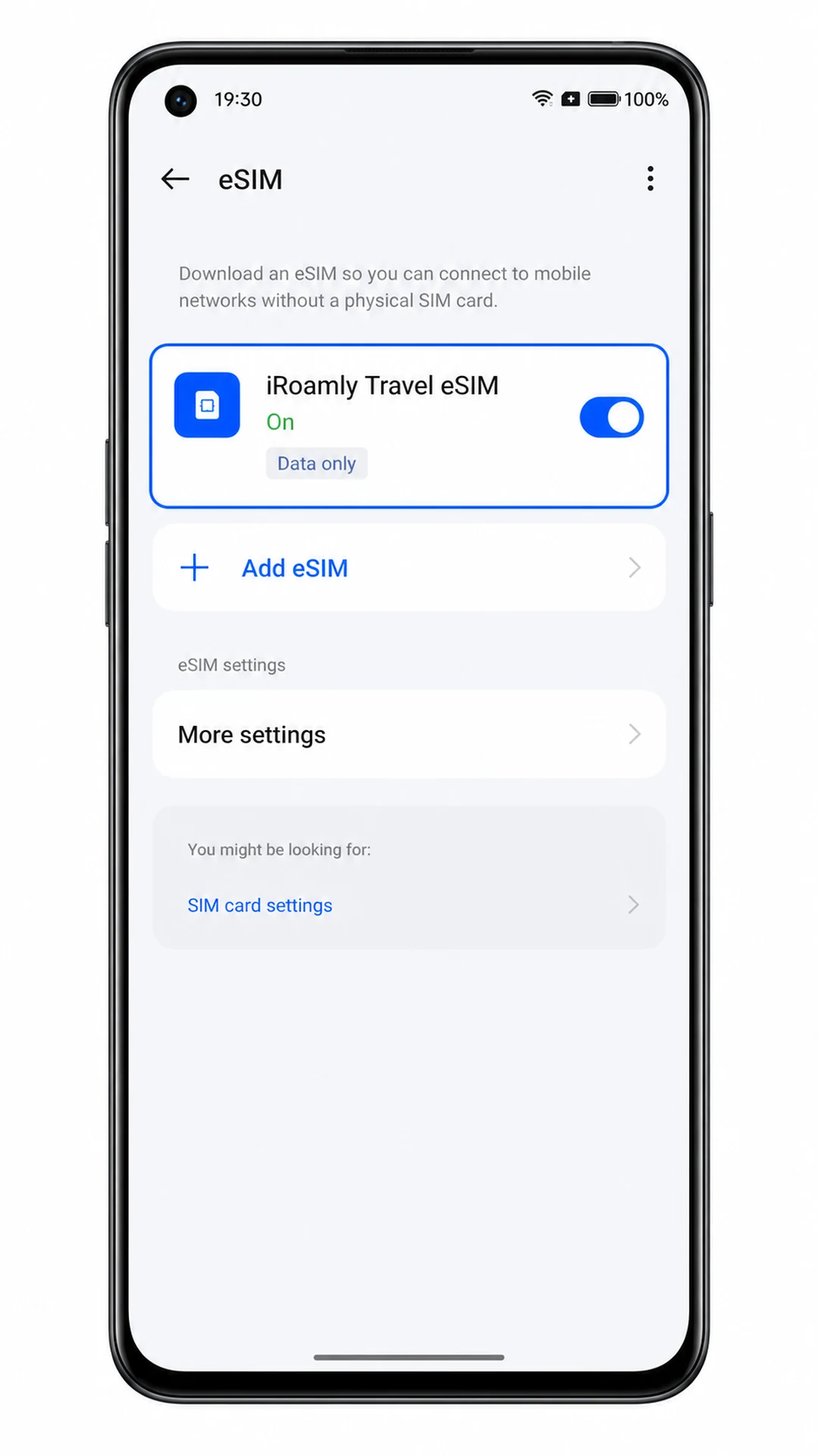 Oppo Find X5 eSIM page showing installed iRoamly Travel eSIM