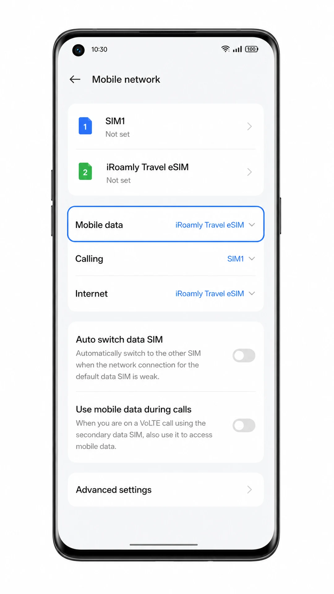 Oppo Find X5 Mobile network screen selecting iRoamly Travel eSIM for mobile data