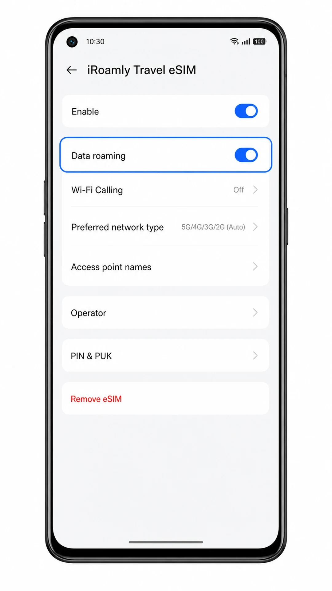 Oppo Find X5 iRoamly Travel eSIM settings highlighting Data roaming