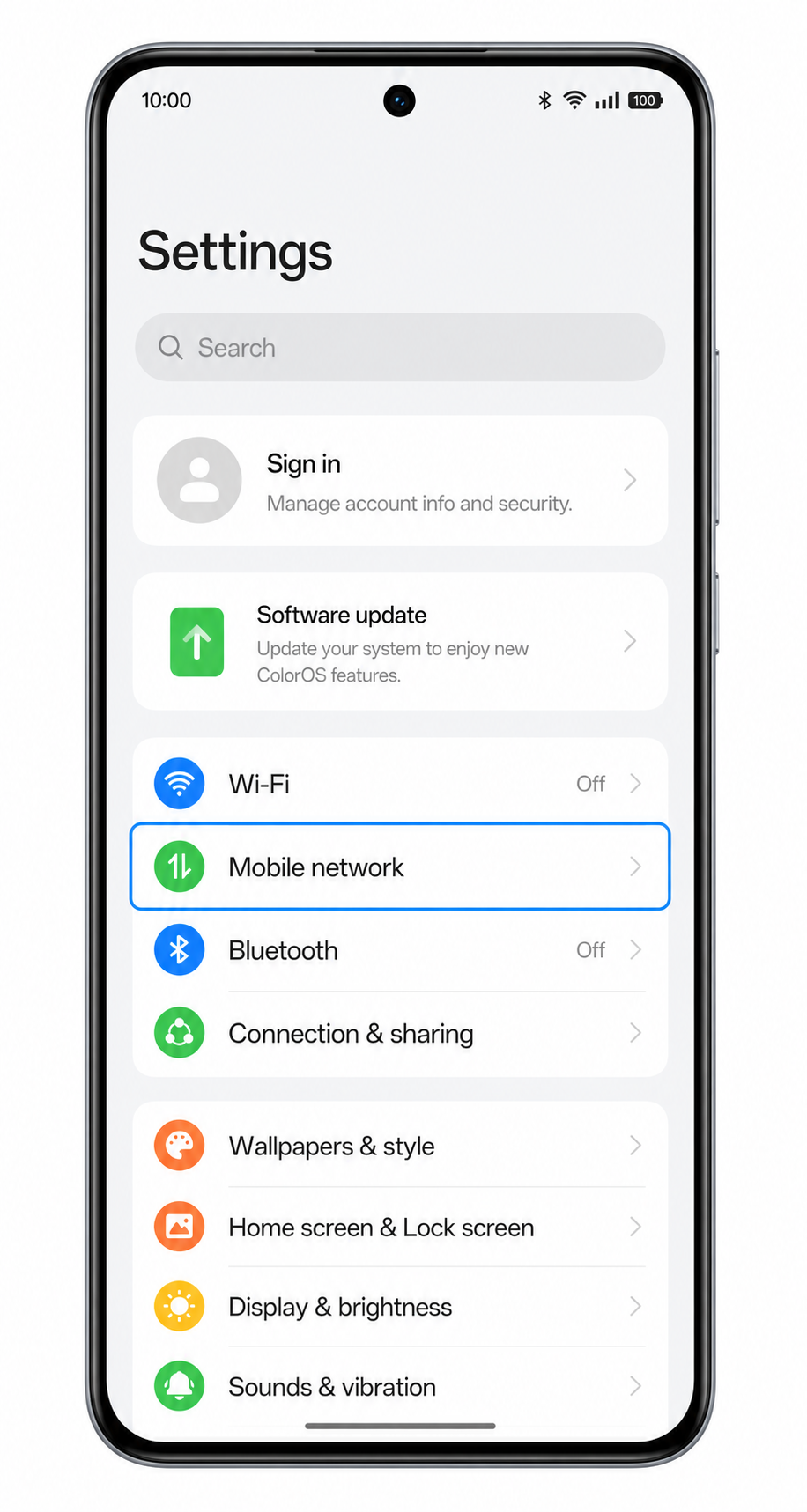 Oppo Reno 14 Step 1: Settings showing Mobile network highlighted for iRoamly eSIM setup Oppo Reno 14 Step 1: Settings showing Mobile network highlighted for iRoamly eSIM setup