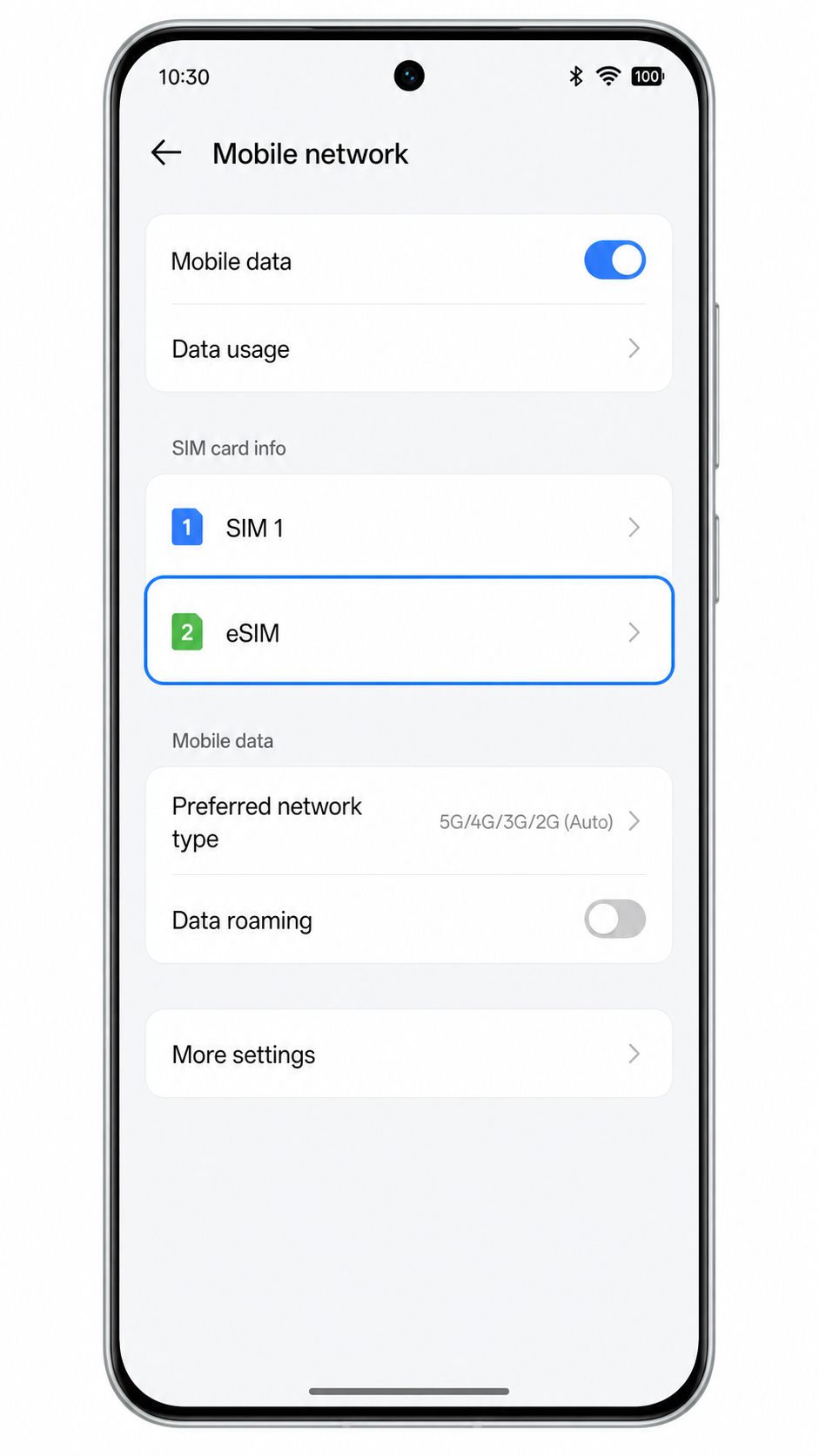 Oppo Reno 14 Step 2: Mobile network showing eSIM highlighted Oppo Reno 14 Step 2: Mobile network showing eSIM highlighted