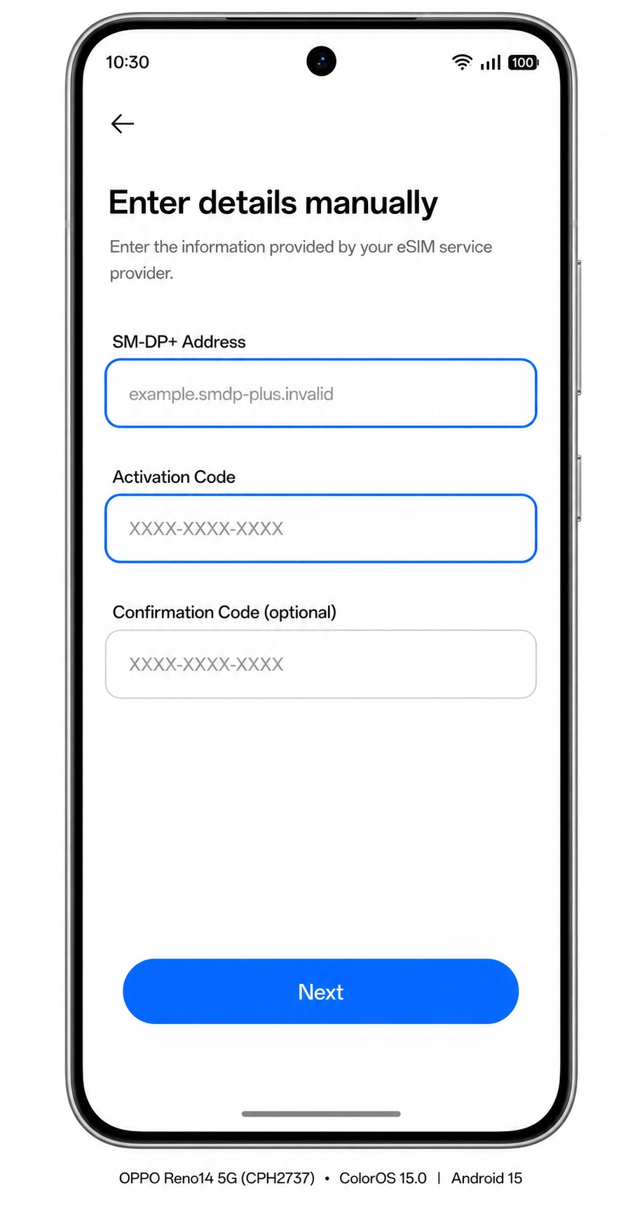 Oppo Reno 14 Step 5: Manual eSIM entry fields for SM-DP+ Address and Activation Code