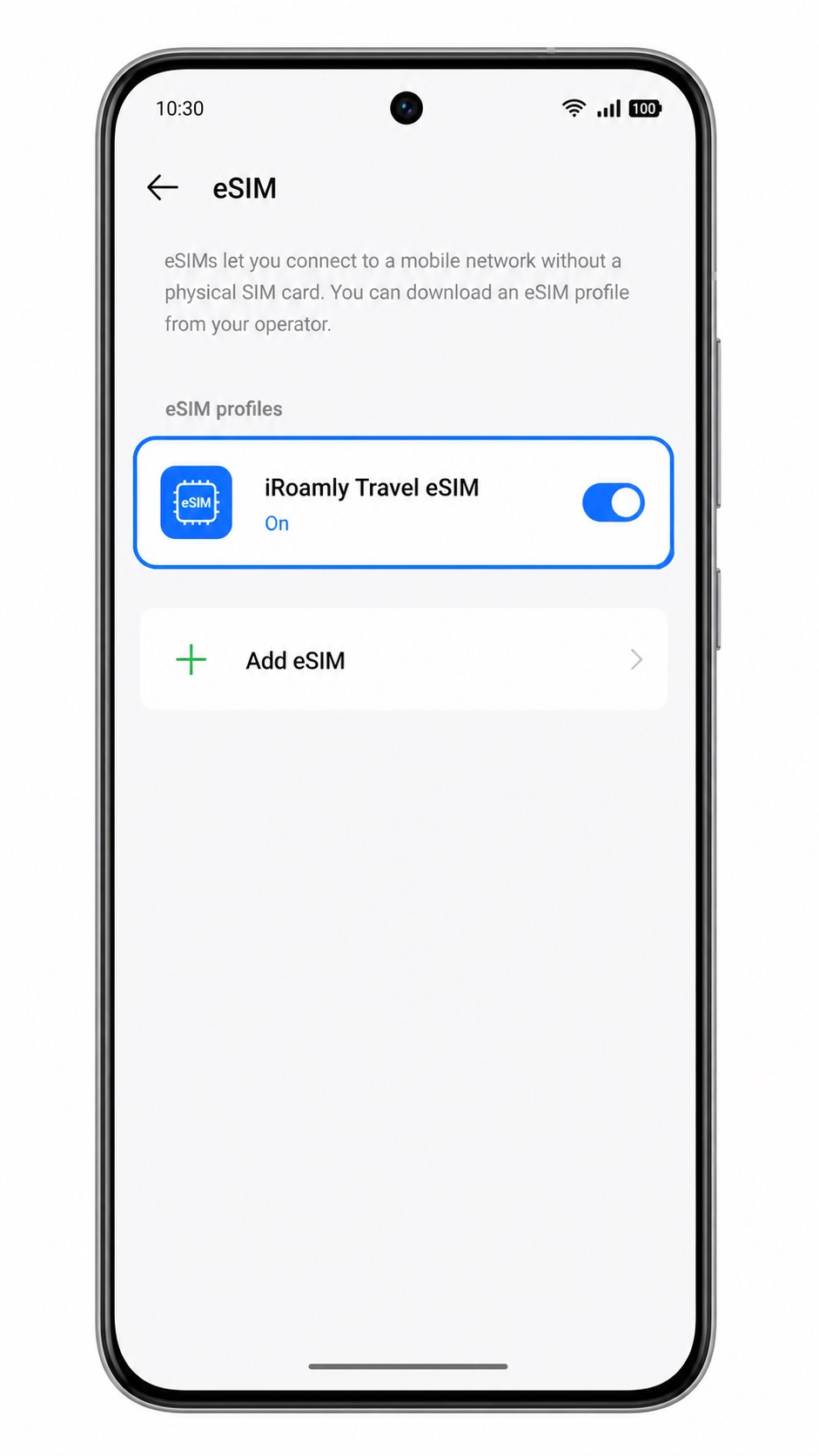 Oppo Reno 14 Step 6: iRoamly Travel eSIM installed and switched on